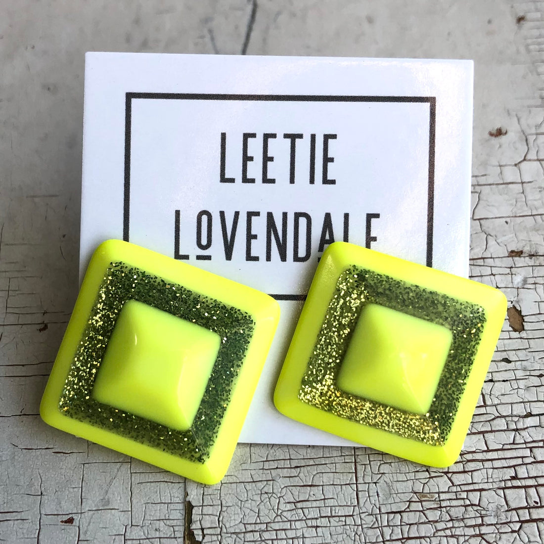 Neon Yellow Sparkle Square Stud Earrings