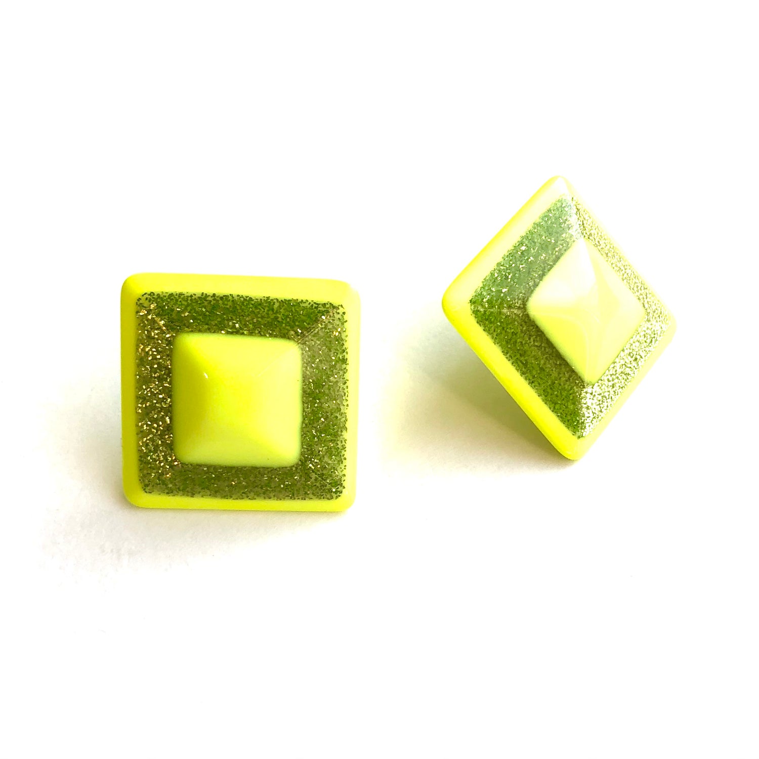 Neon Yellow Sparkle Square Stud Earrings