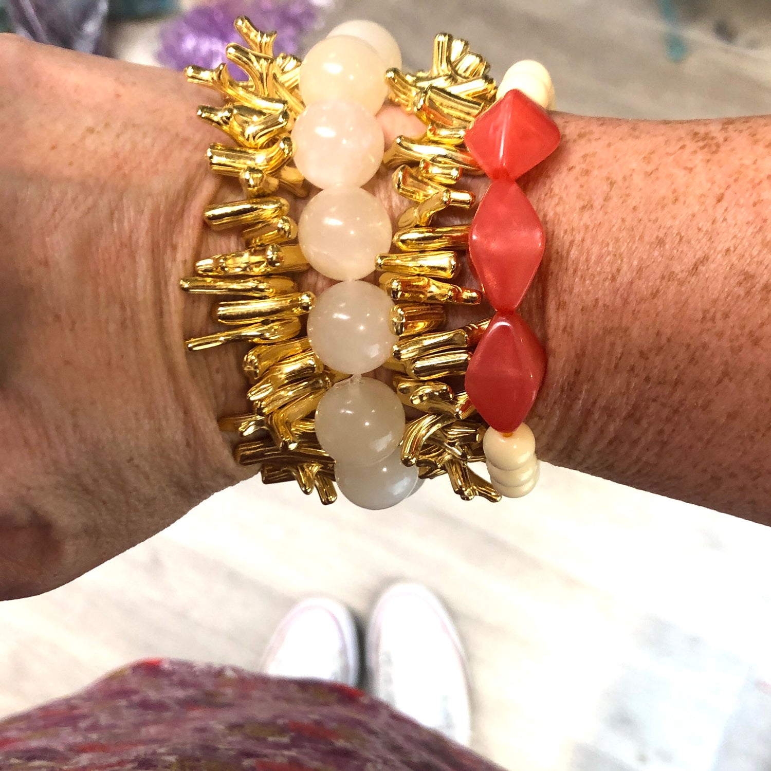 metallic gold &amp; coral bracelets
