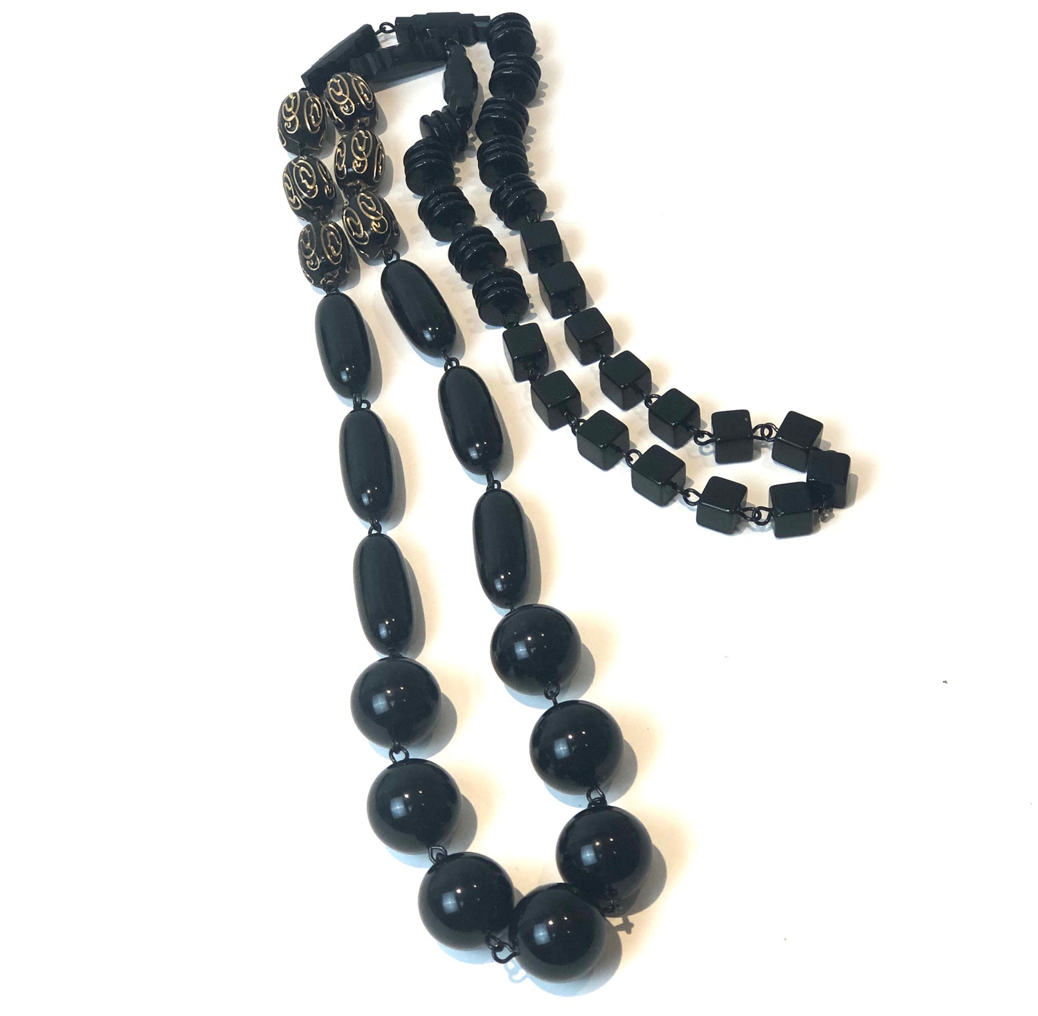 Black &amp; Gold Etched Rosary-chained Rope Necklace