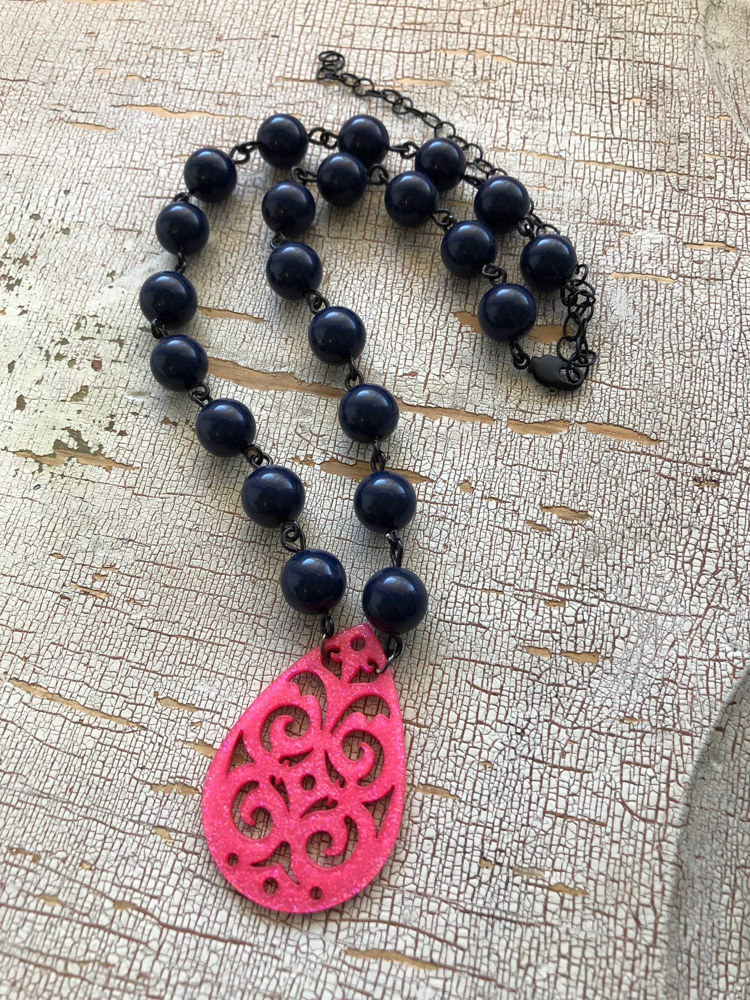 navy blue pink necklace