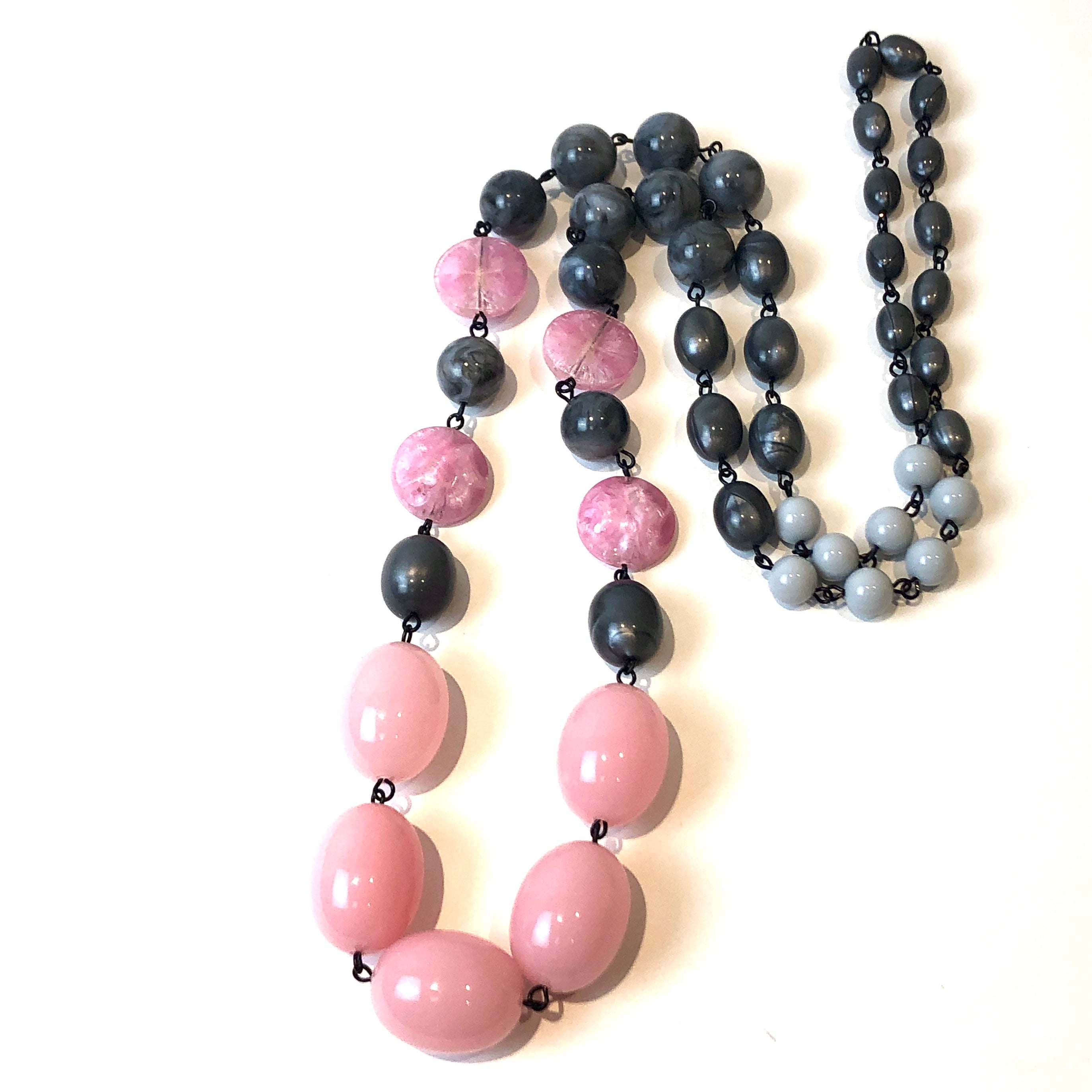 Pink &amp; Dark Grey Aura Rosary-chained Rope Necklace