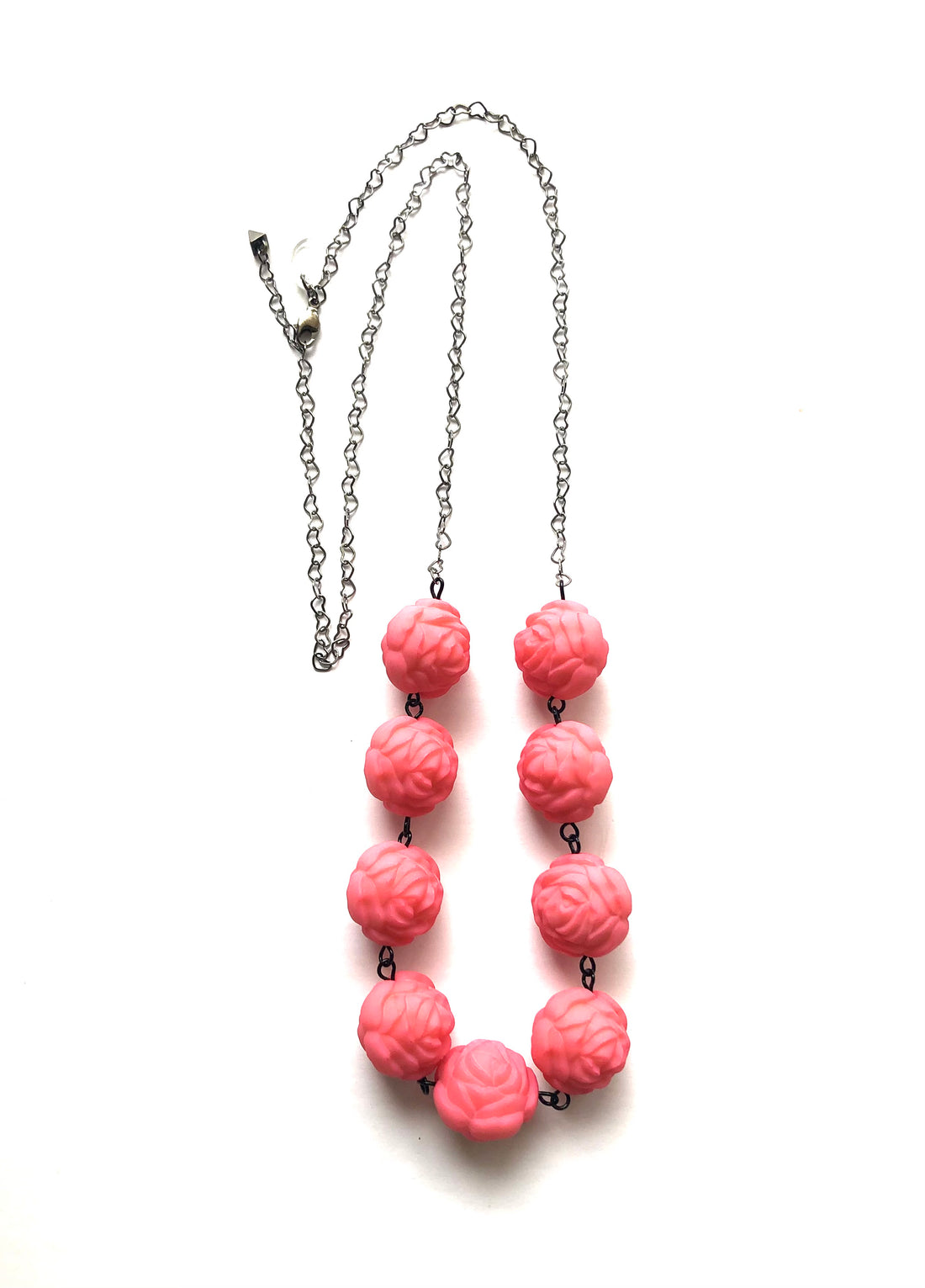 Pink Roses &amp; Hearts Chain Rope Necklace