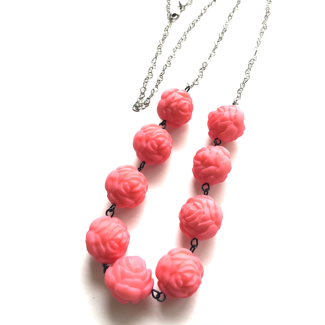 Pink Roses &amp; Hearts Chain Rope Necklace