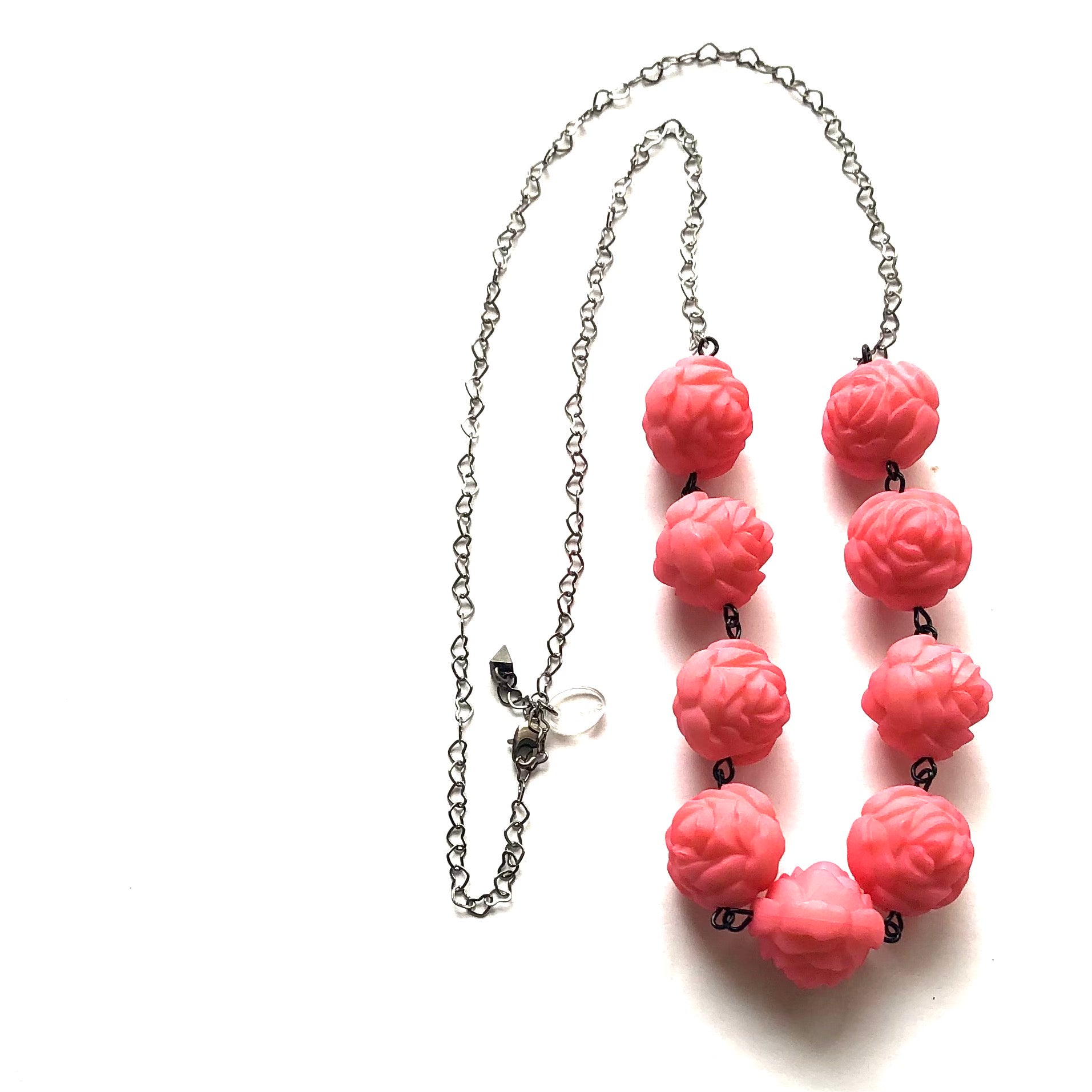 Pink Roses &amp; Hearts Chain Rope Necklace