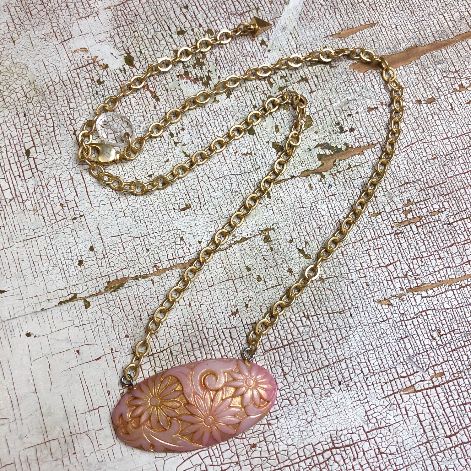 gold pink flower necklace