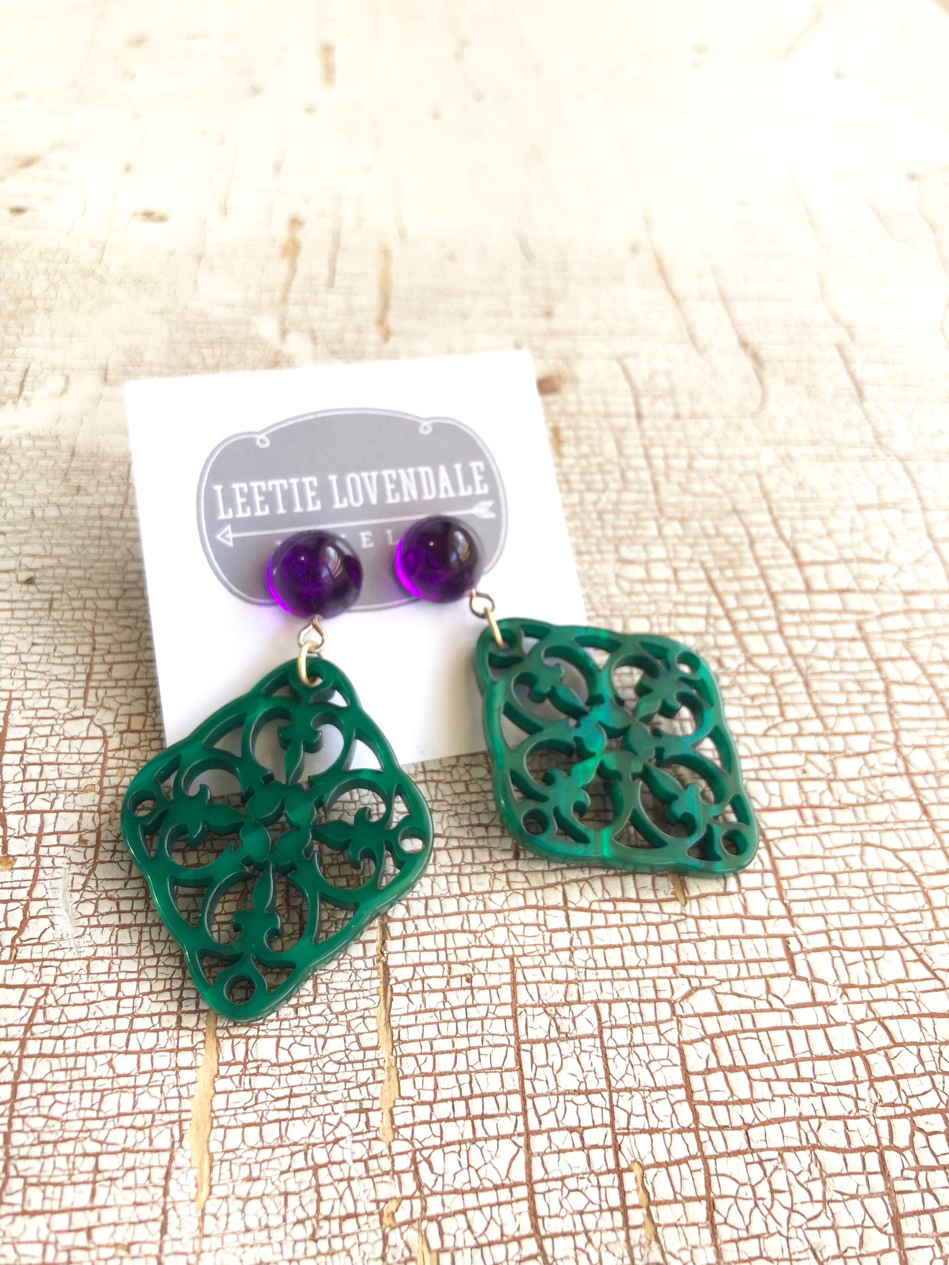 green purple statement earrings
