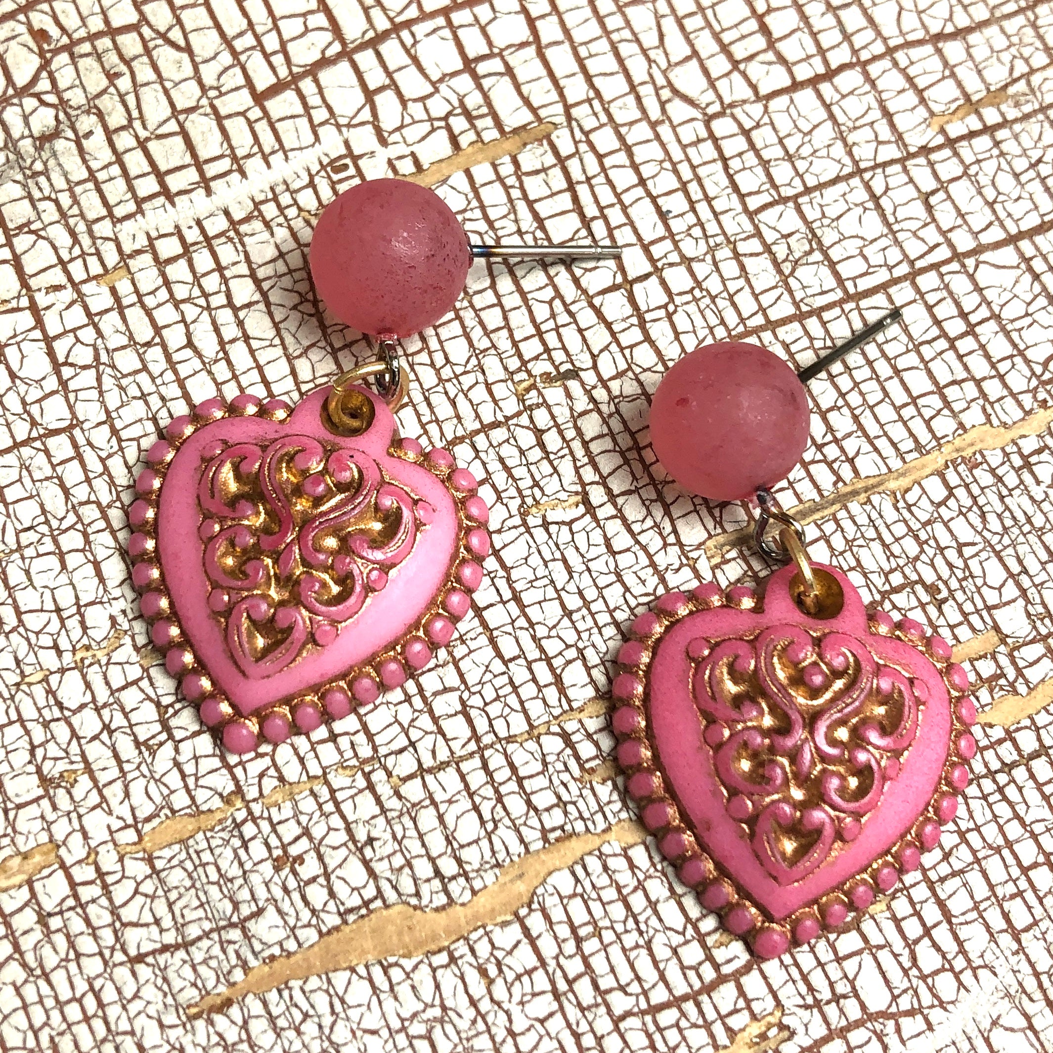 hot pink gold heart earrings