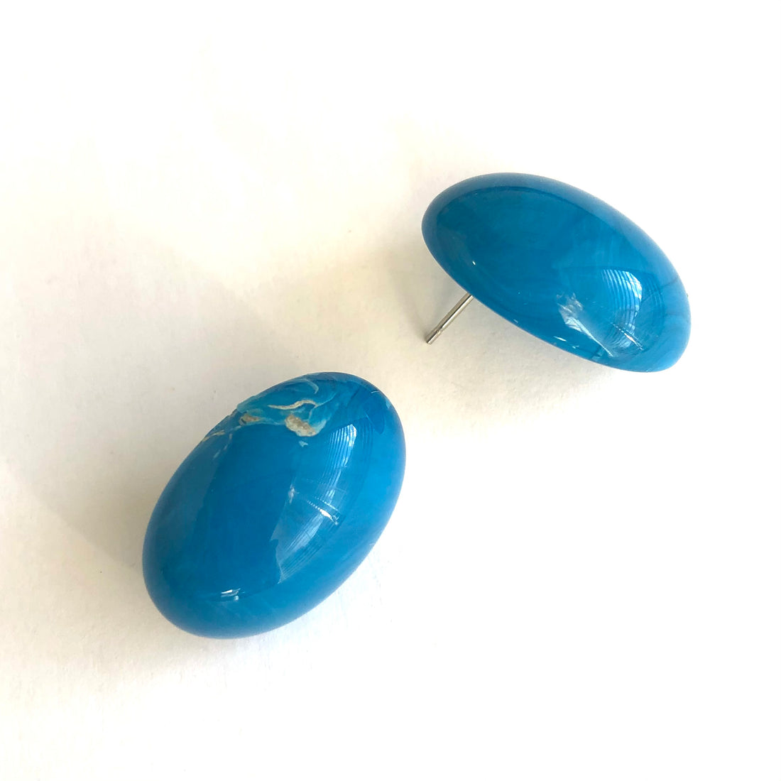 Dark Turquoise Marbled Oval Lucite Stud Earrings