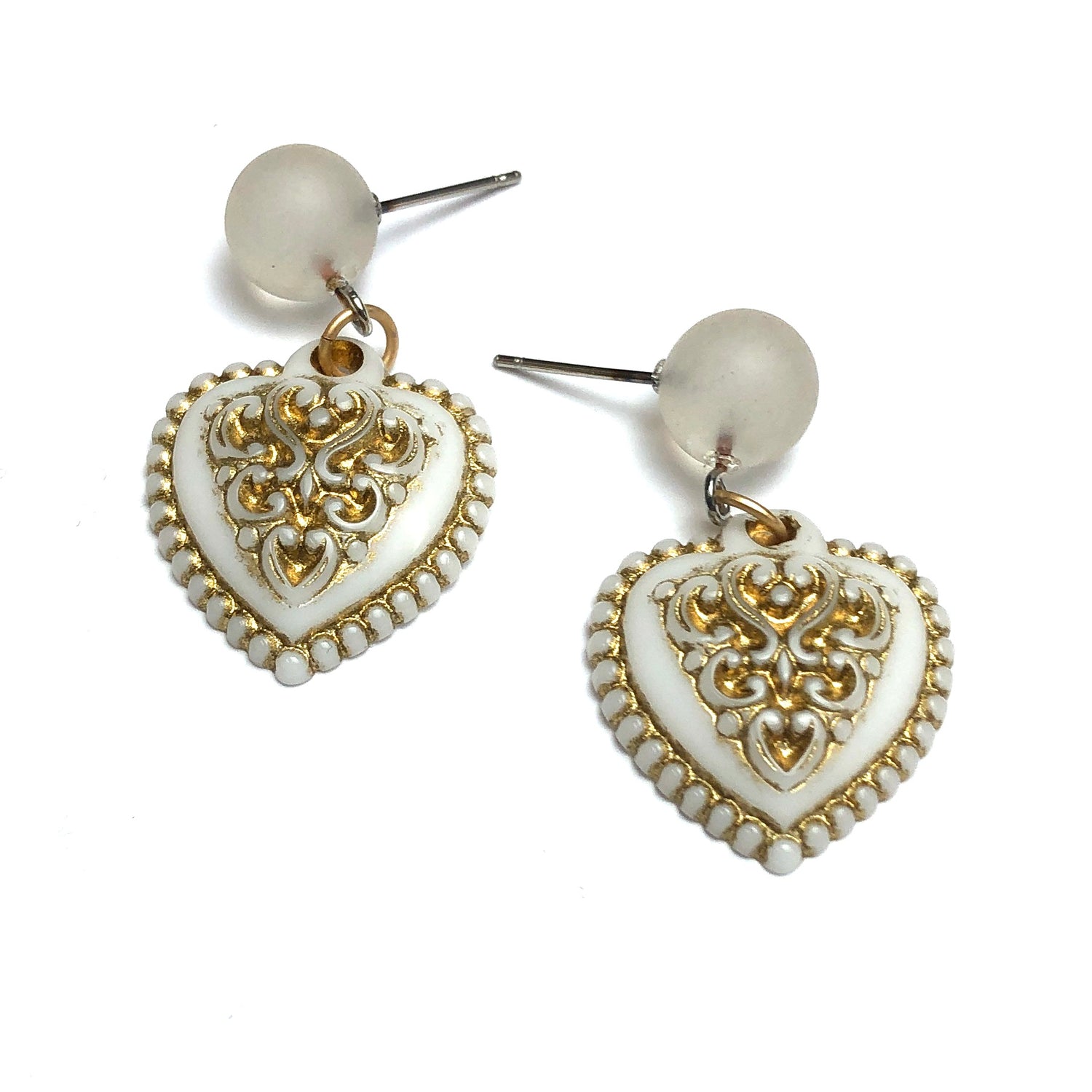 antique white heart earrings