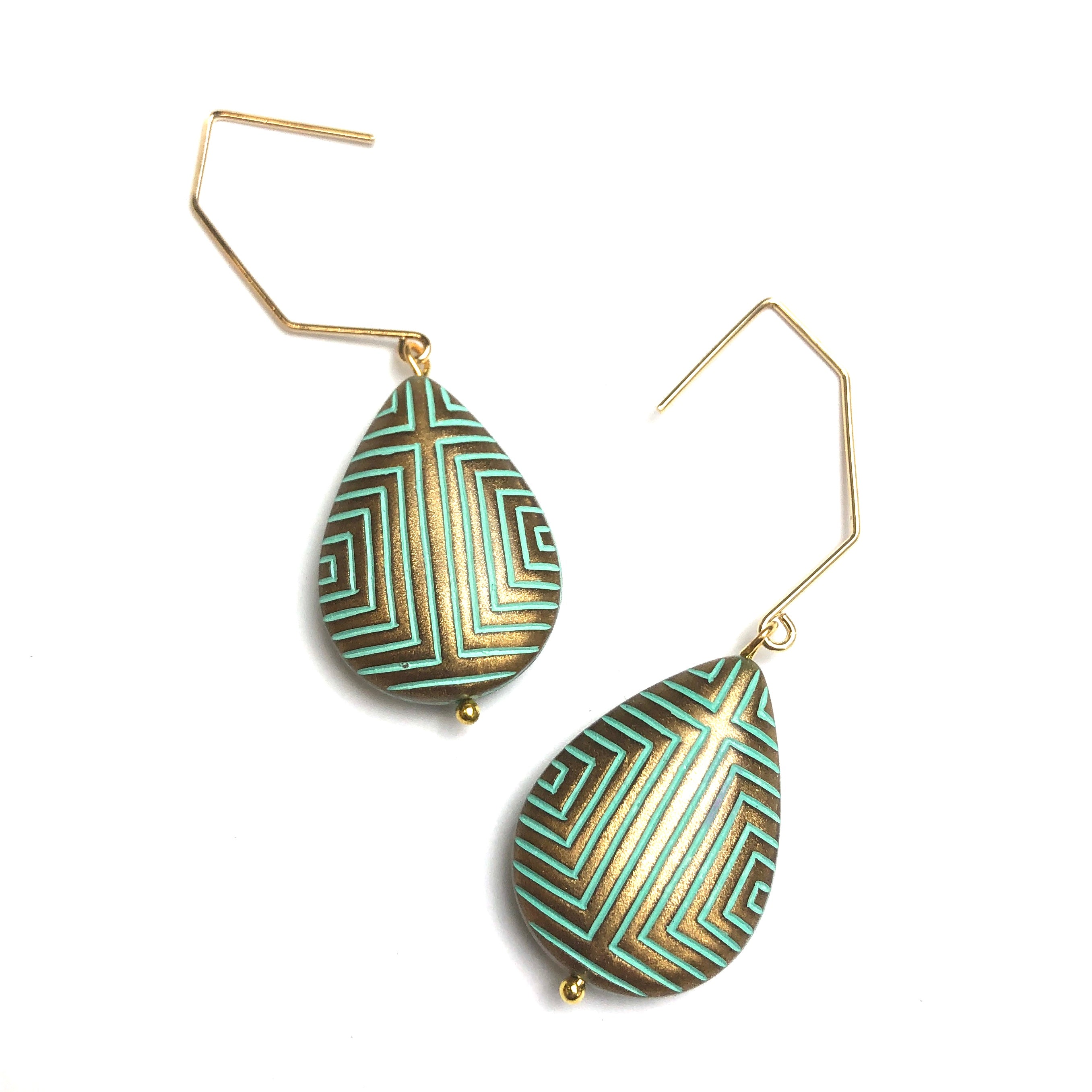 Turquoise Etched Gold Egyptian Drop Earrings