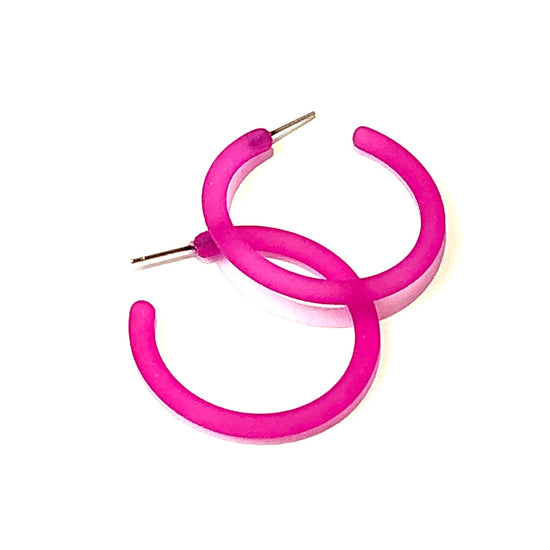 Hot Pink Frosted Jelly Hoop Earrings - 1.5"