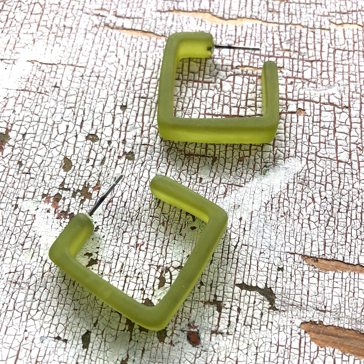 Olive Green Frosted Square Hoop Earrings