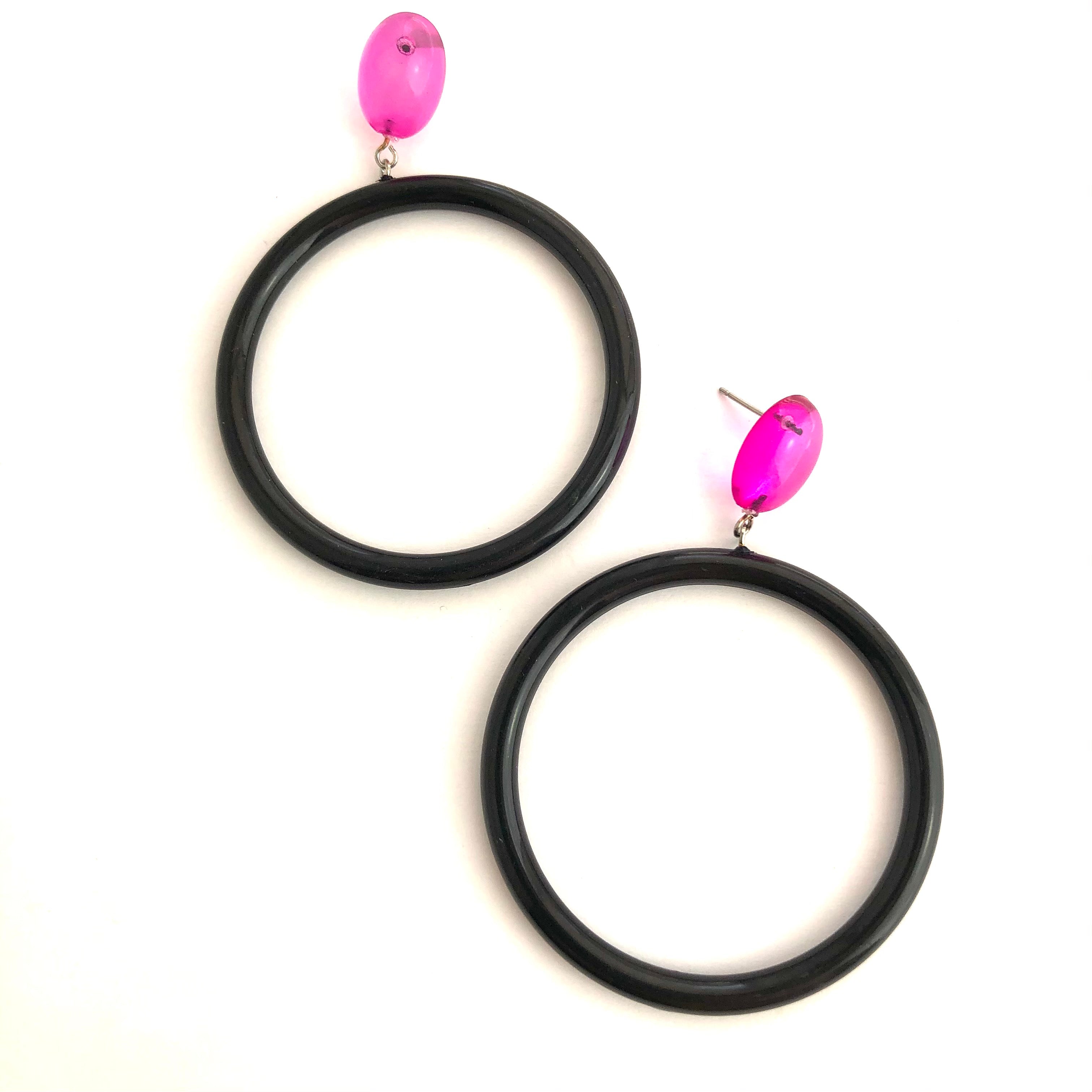 Hot Pink &amp; Black Large Donut Drop Earrings