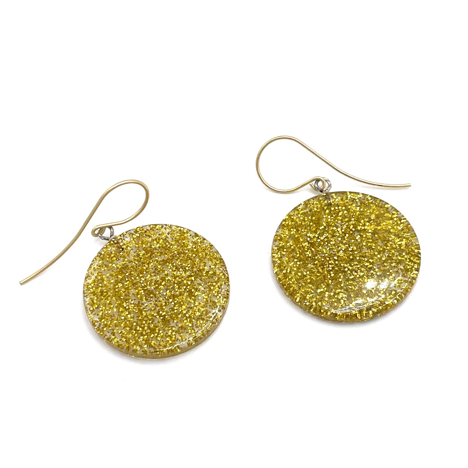 Gold and Clear Glitter Lucite Disc Drop Earrings