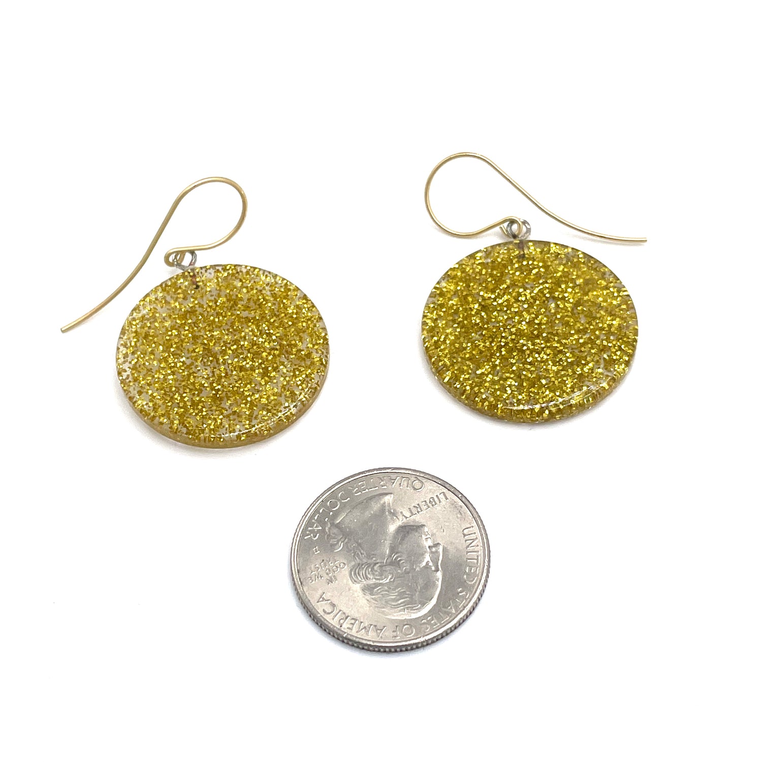 Gold and Clear Glitter Lucite Disc Drop Earrings