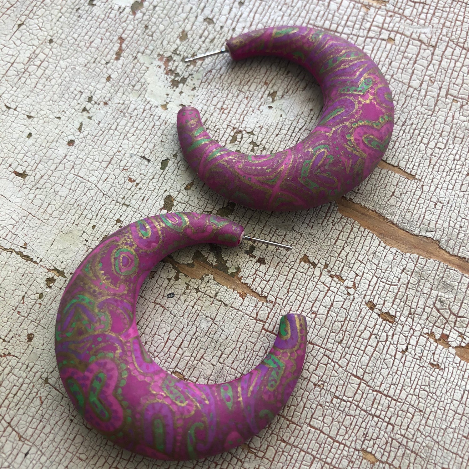 violet paisley decoupage earrings