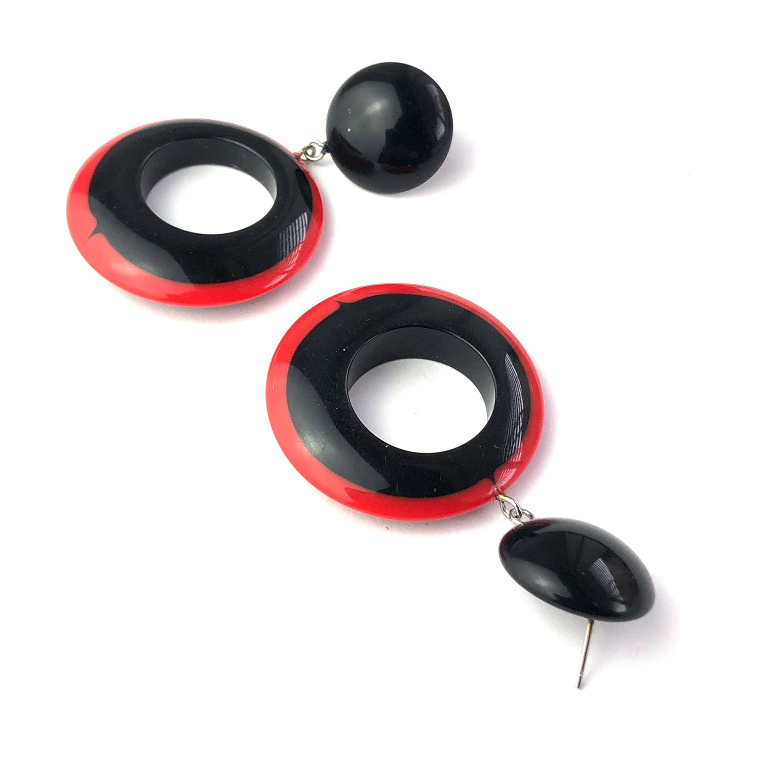 Black &amp; Red Deco Striped Donut Drop Earrings *