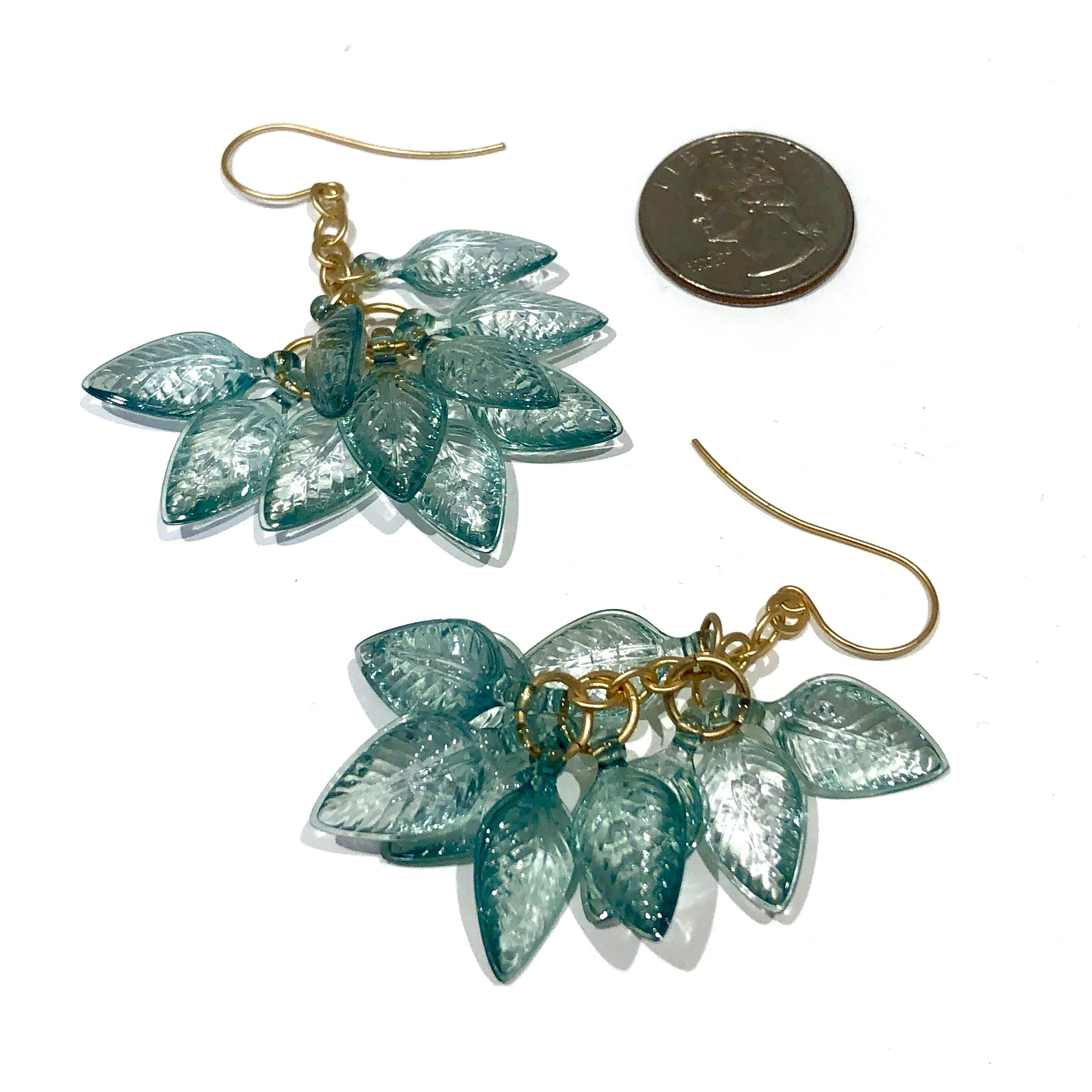 Teal Leaf Cluster Drop Earrings