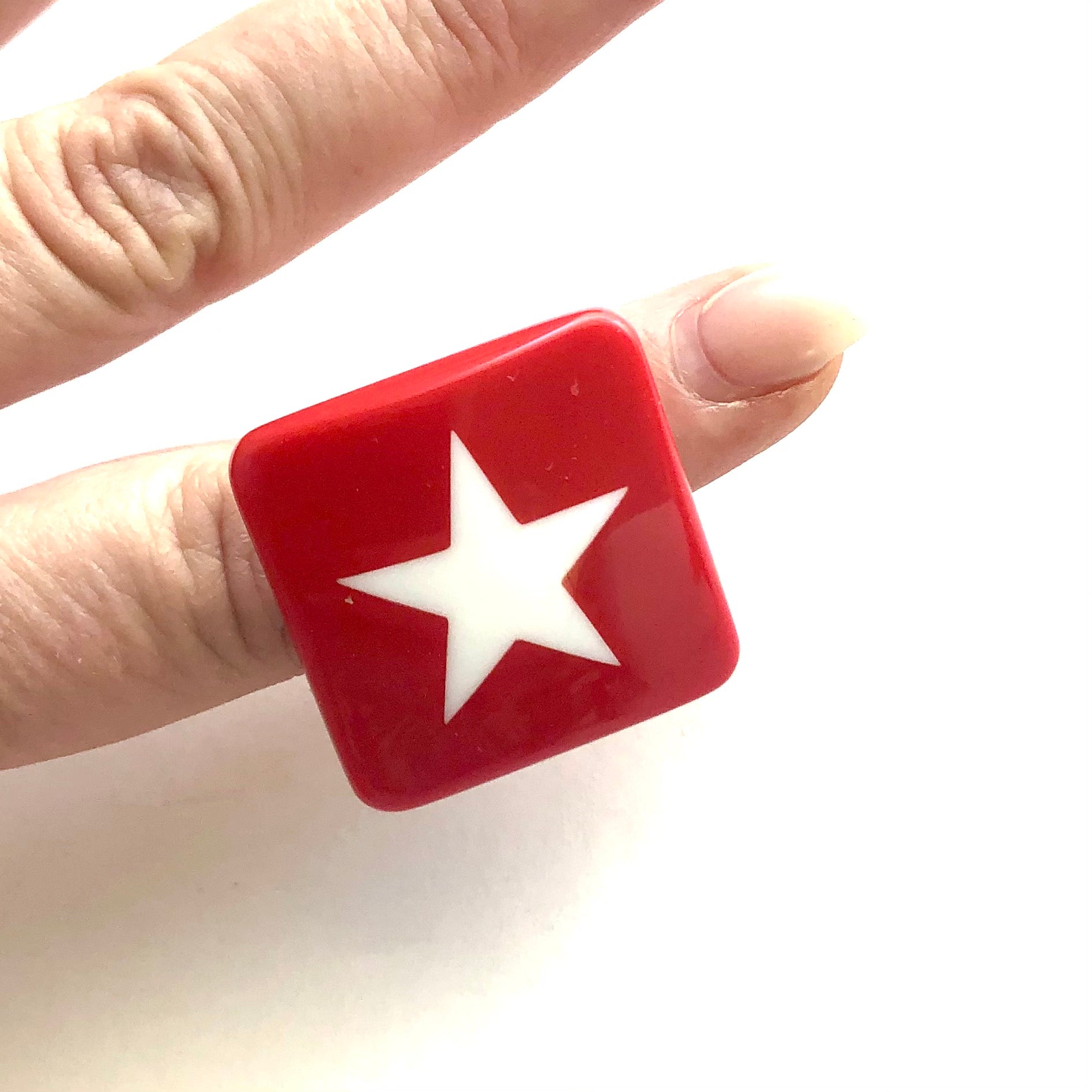 Red &amp; White Star Lucite Silver Cocktail Ring