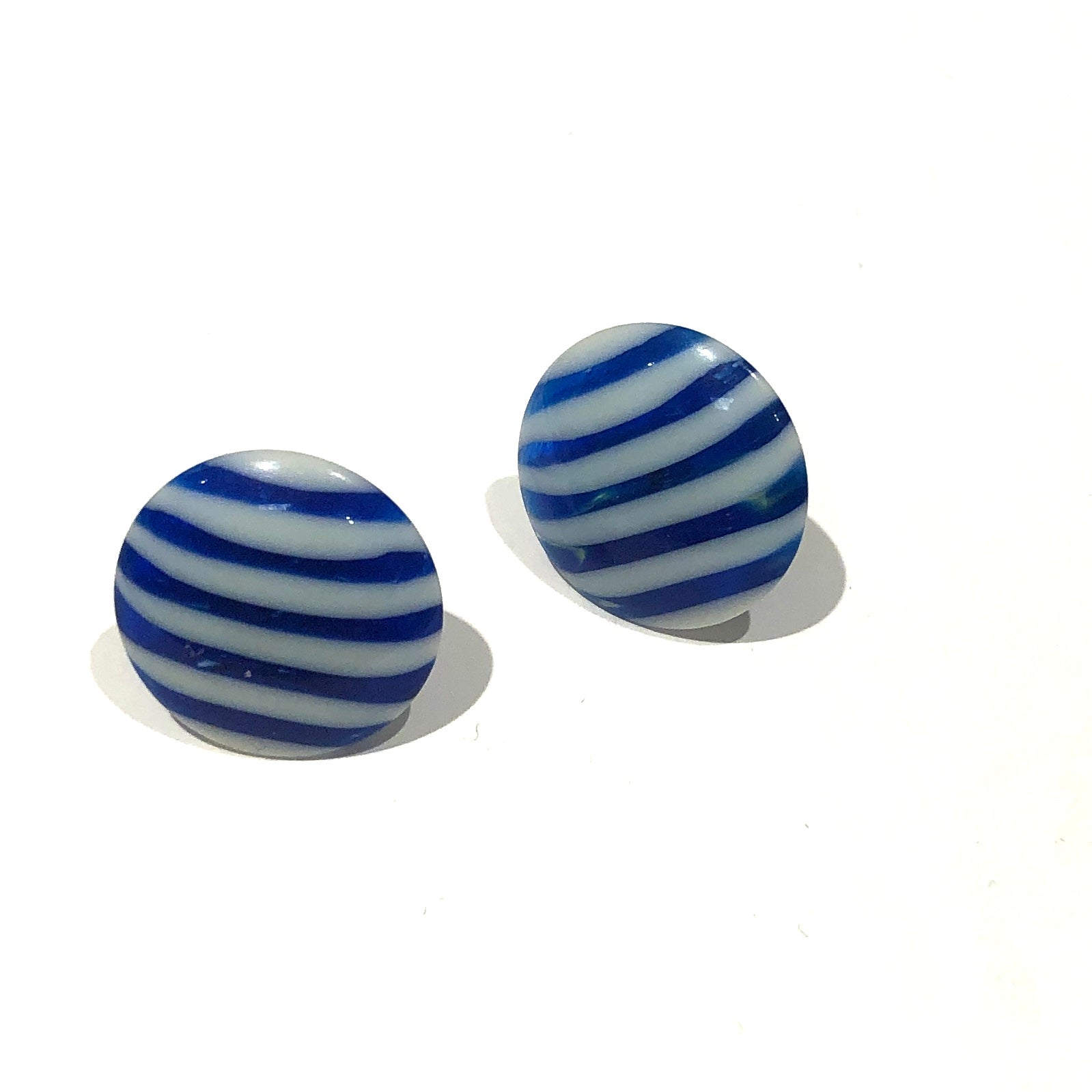 Cobalt Blue &amp; White Pin Stripe Disc Stud Earrings
