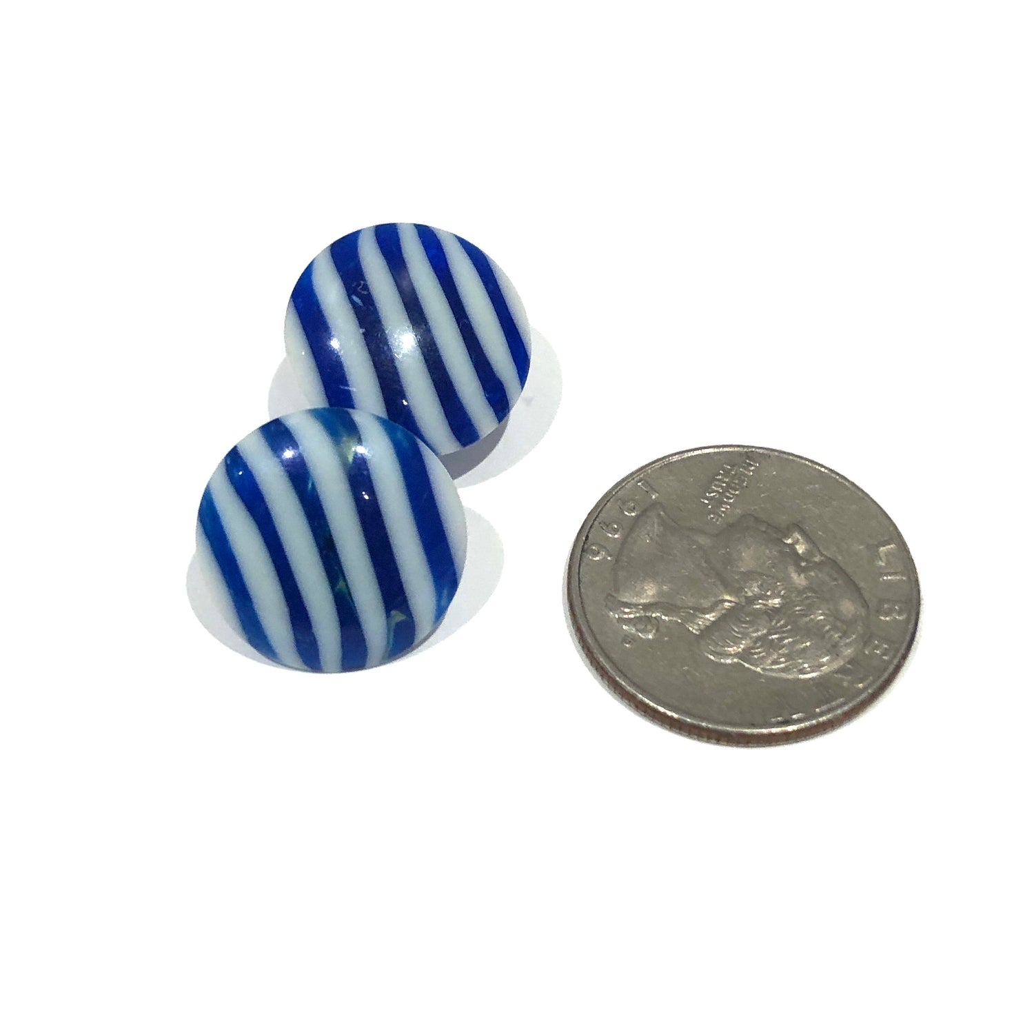 Cobalt Blue &amp; White Pin Stripe Disc Stud Earrings