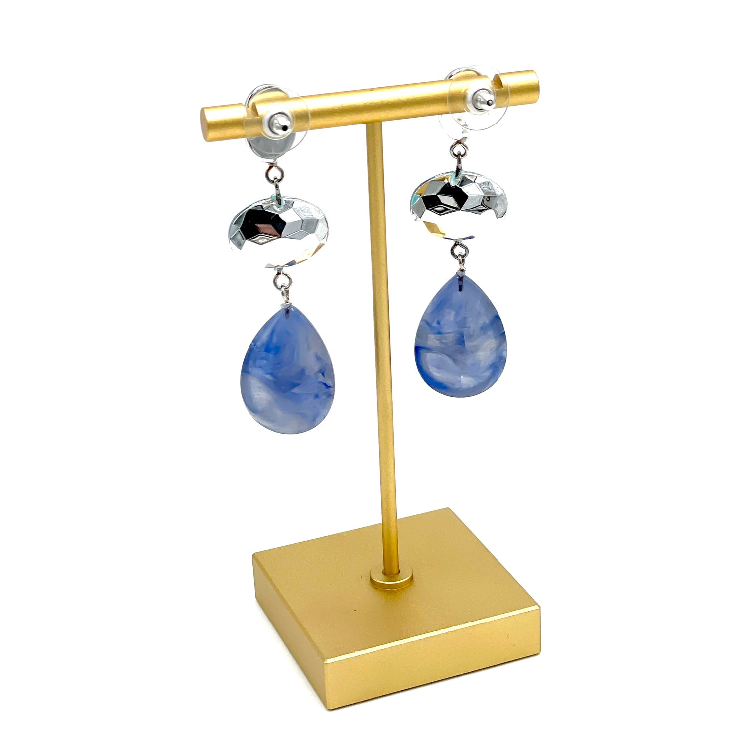 Marbled Sapphire &amp; Faceted Aqua Lucite Trinket Earrings