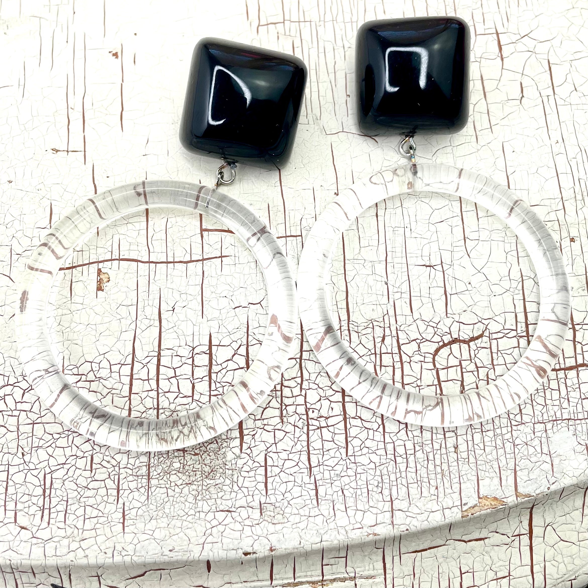 Black Cubed with Clear Donut Drop Earrings