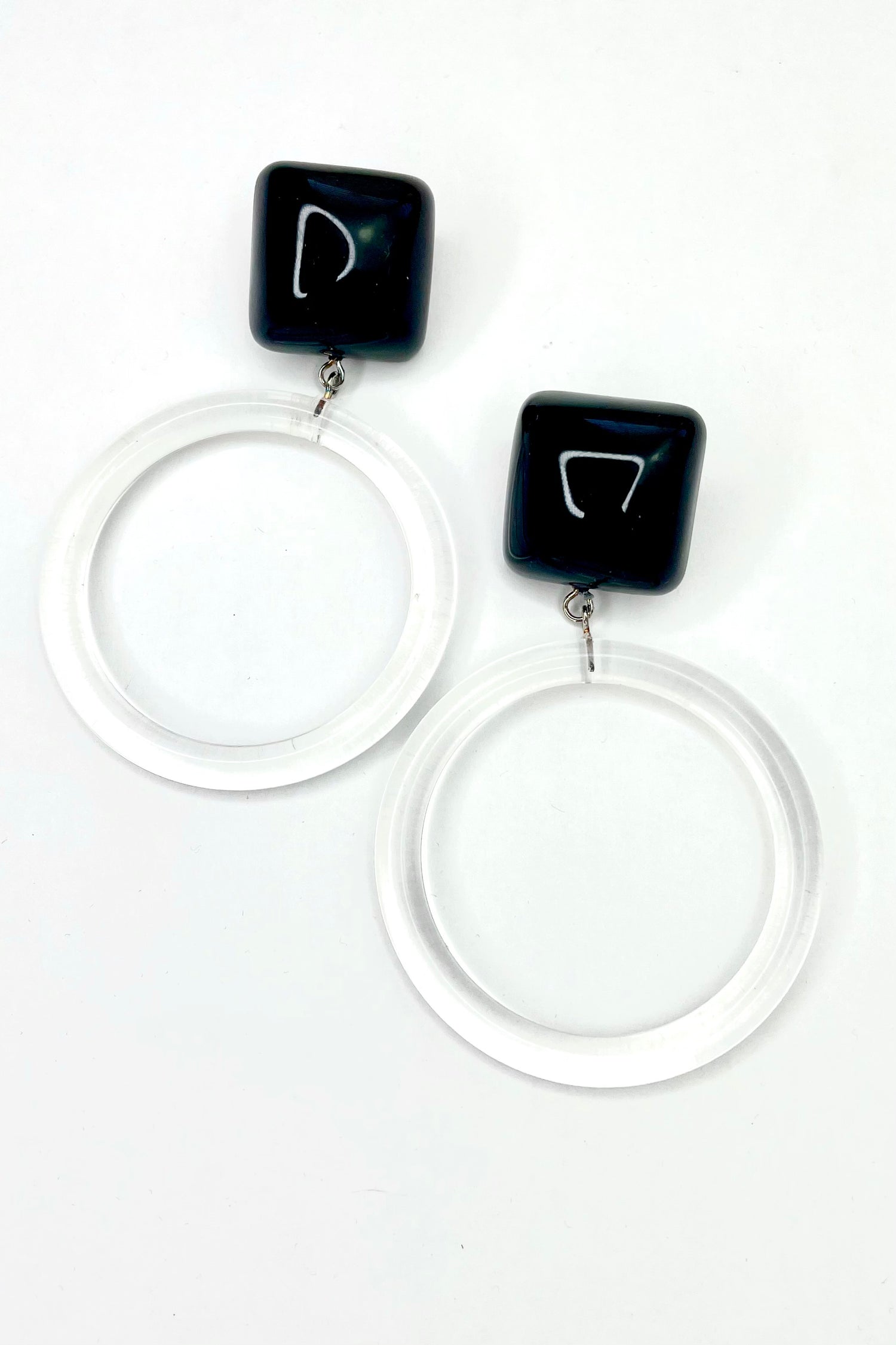 Black Cubed with Clear Donut Drop Earrings