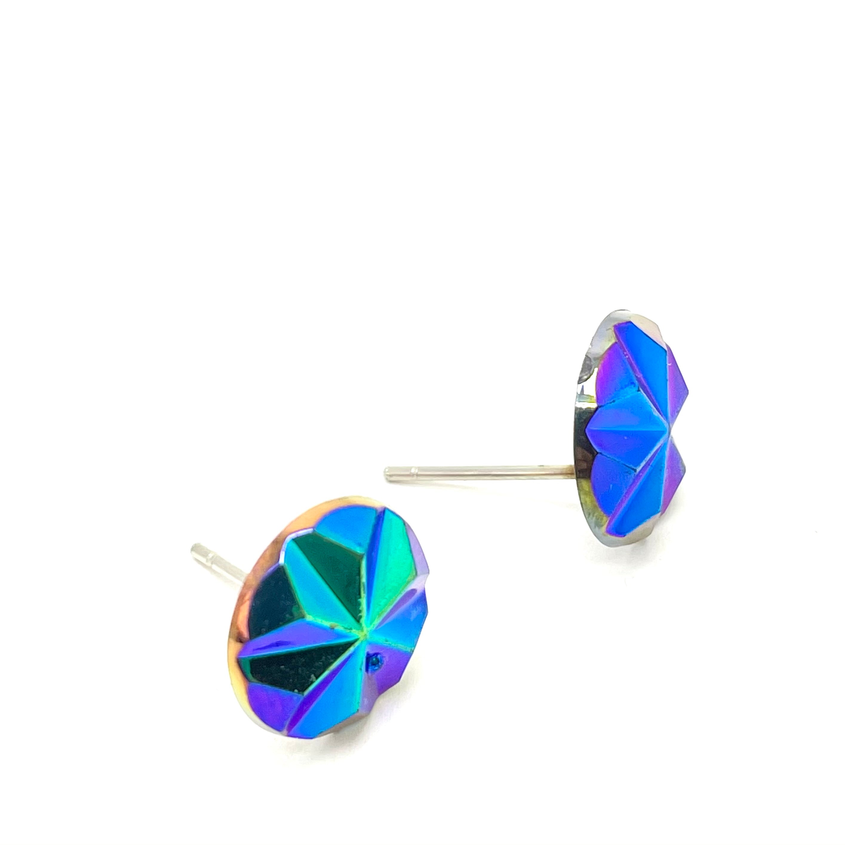 Blue Iris Pinwheel Retro Button Stud Earrings