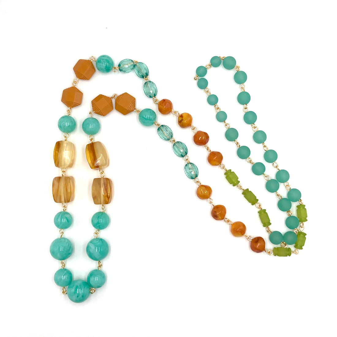 Mint Teal &amp; Amber Rosary-chained Rope Necklace
