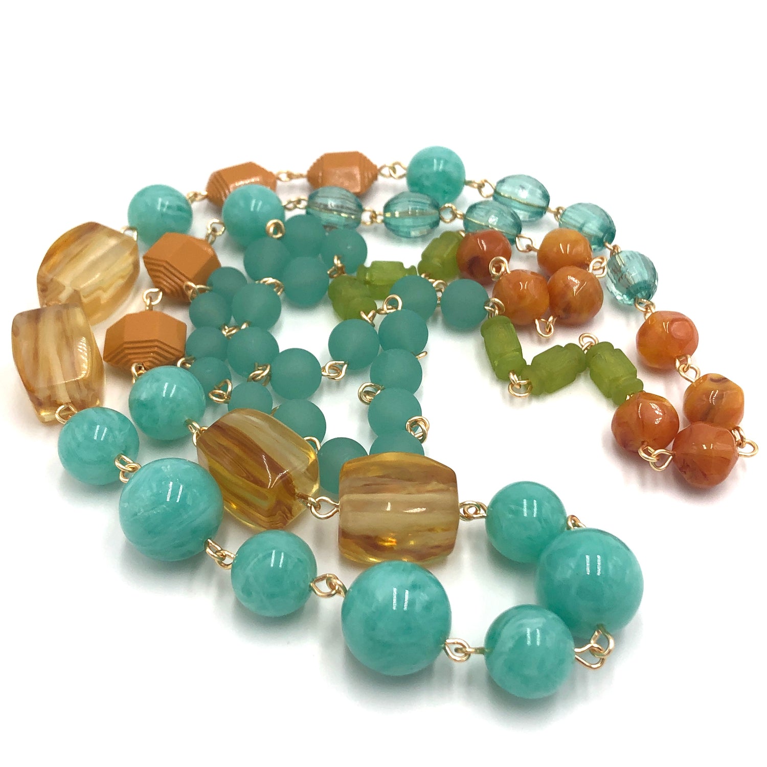 Mint Teal &amp; Amber Rosary-chained Rope Necklace