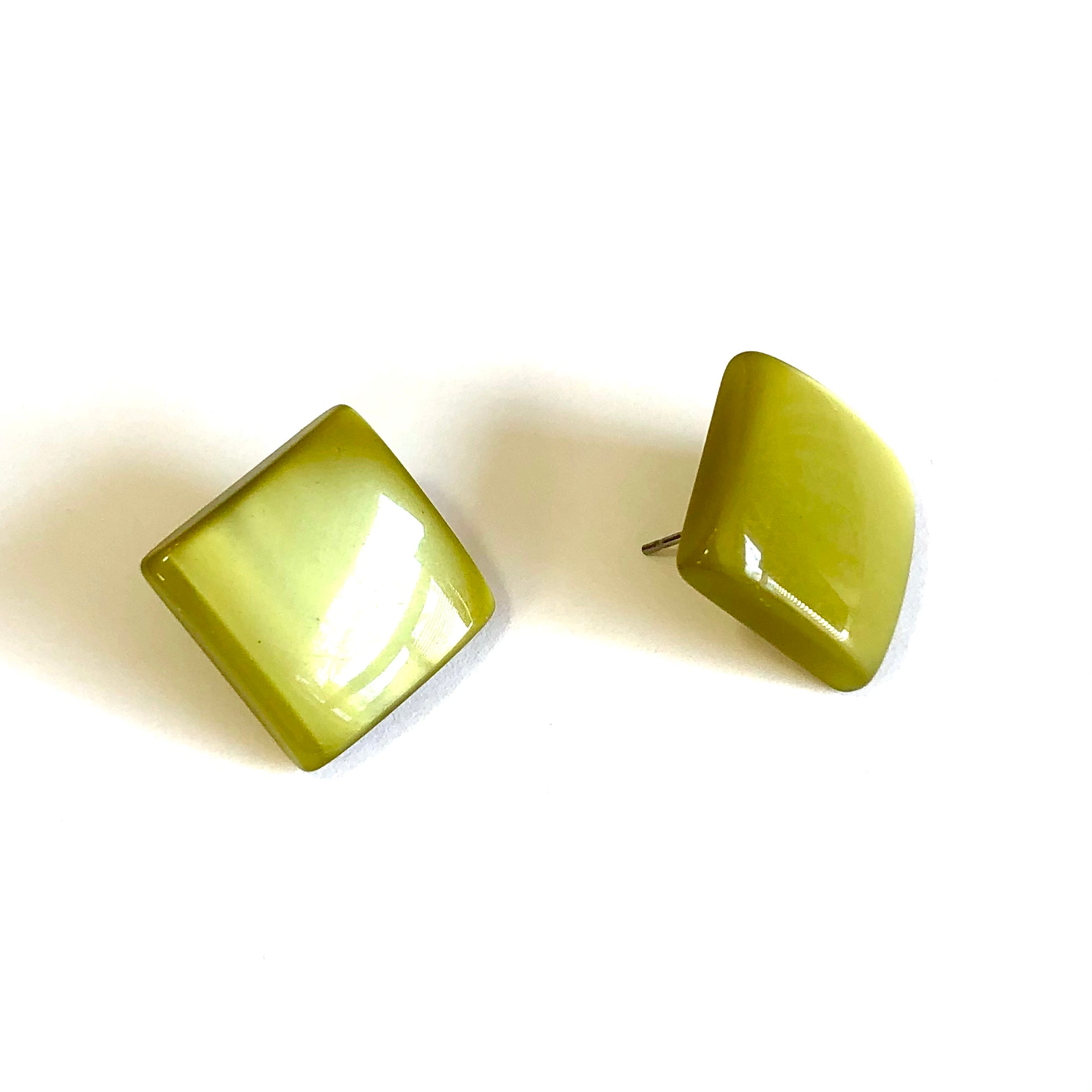 Olive Green Moonglow Large Beveled Square Stud Earrings