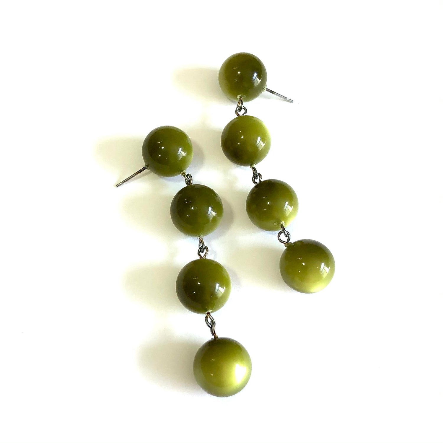 Olive Green Moonglow Four-Bead Statement Earrings