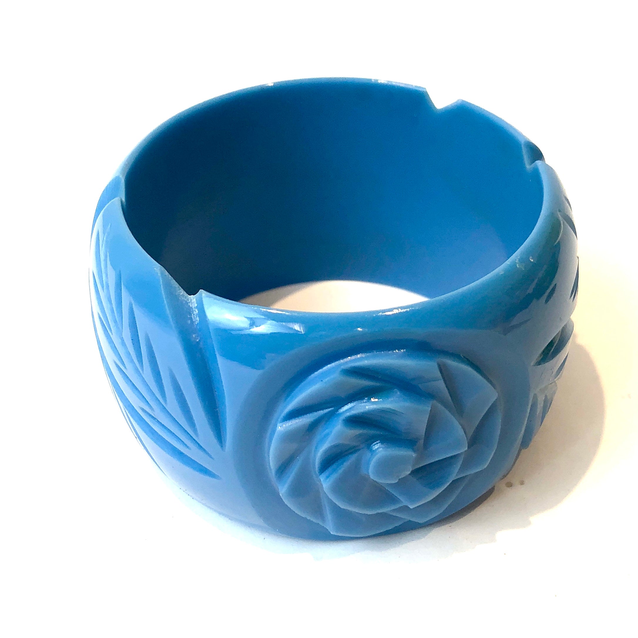 Aqua Blue Carved Resin Bangle Bracelet - Wide