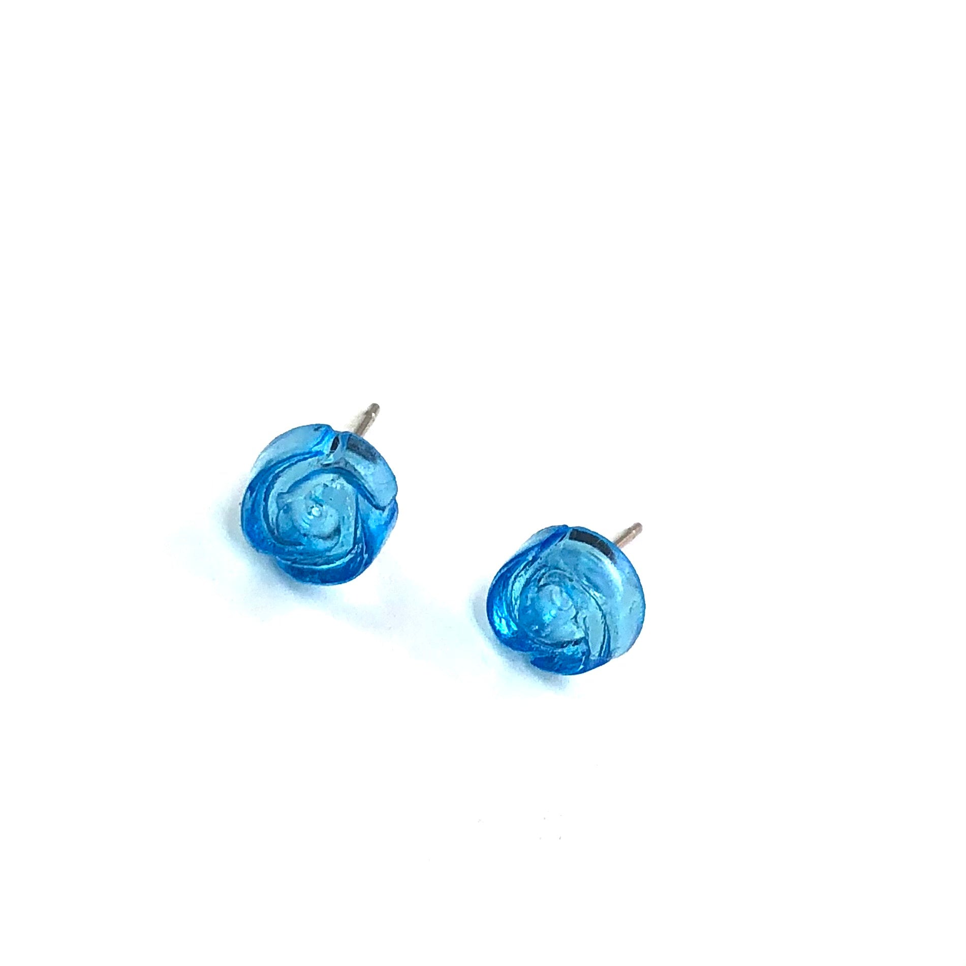 Aqua Blue Carved Lucite Rose Stud Earrings