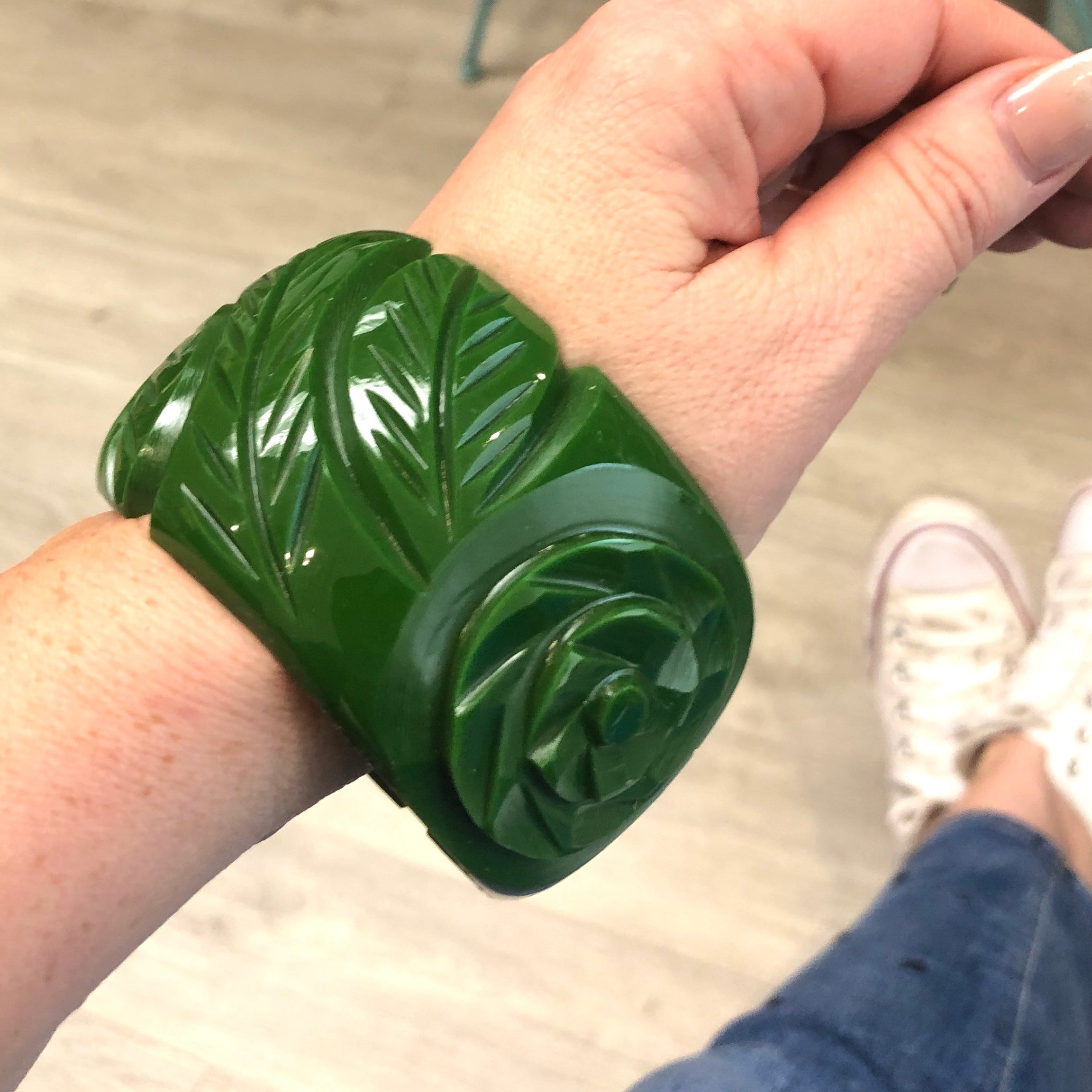 Dark Green Carved Resin Bangle Bracelet - Wide