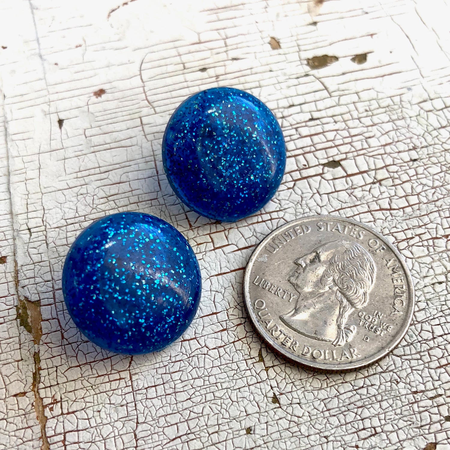 Blue Glitter Lucite Retro Button Stud Earrings