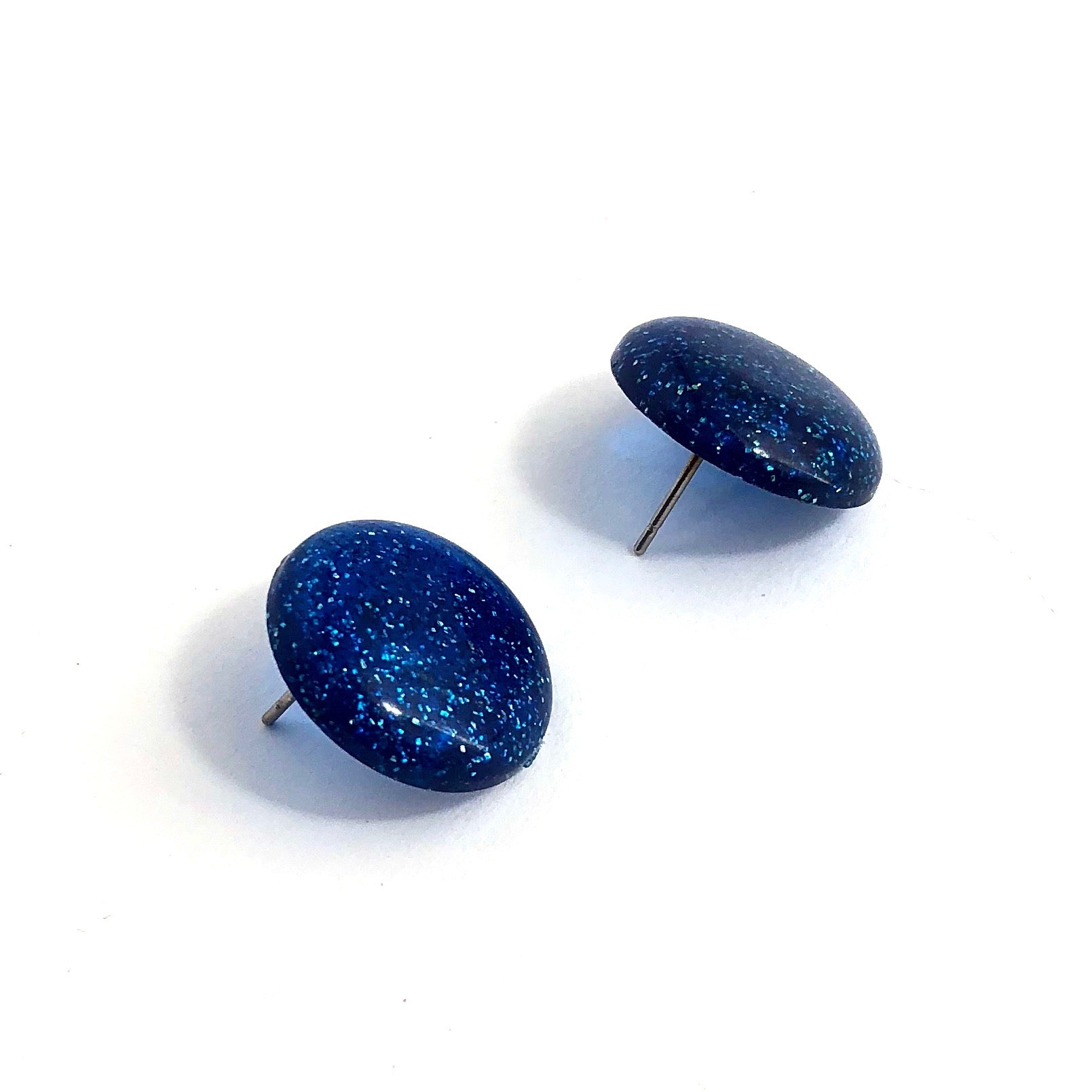 Blue Glitter Lucite Retro Button Stud Earrings