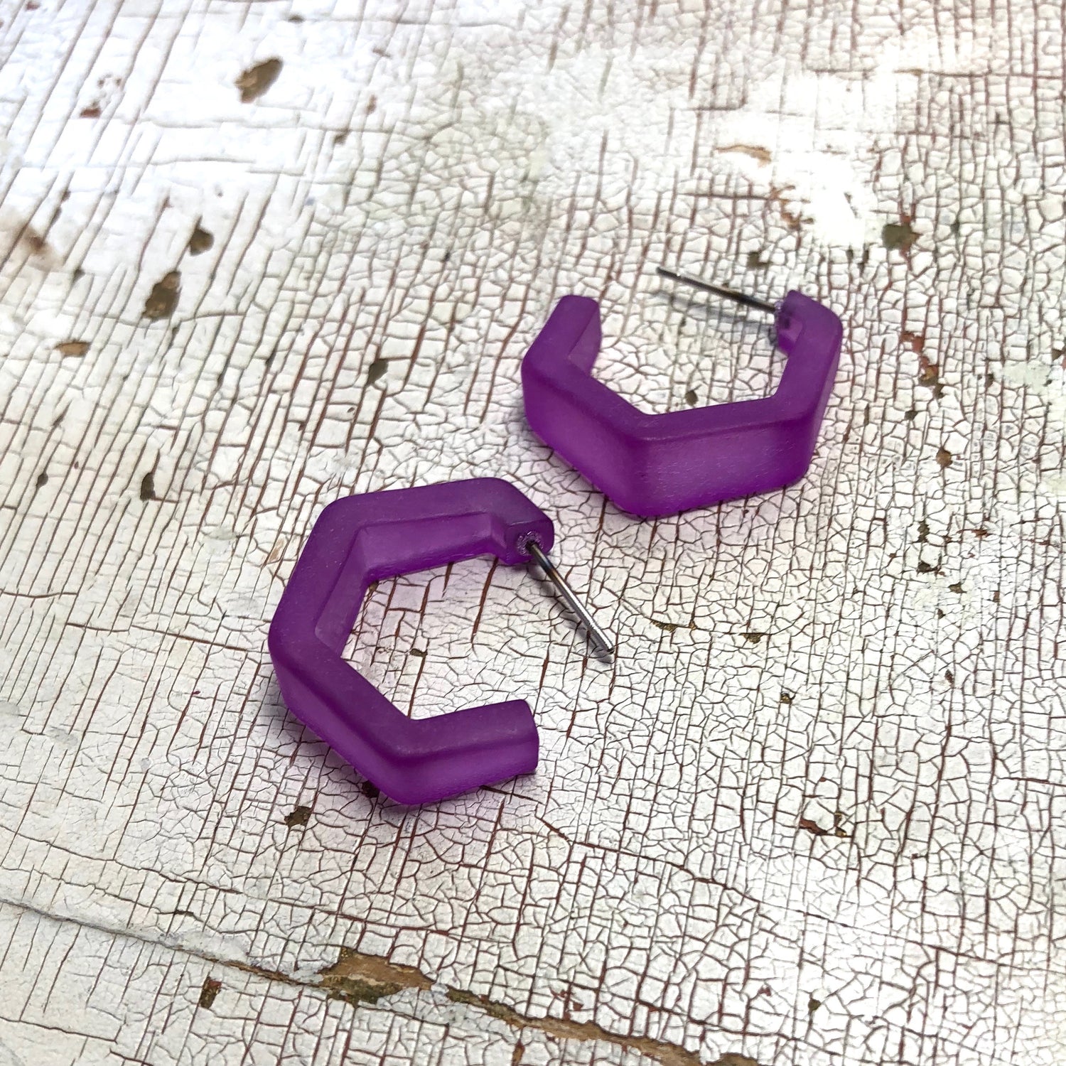 violet frosted hex earrings