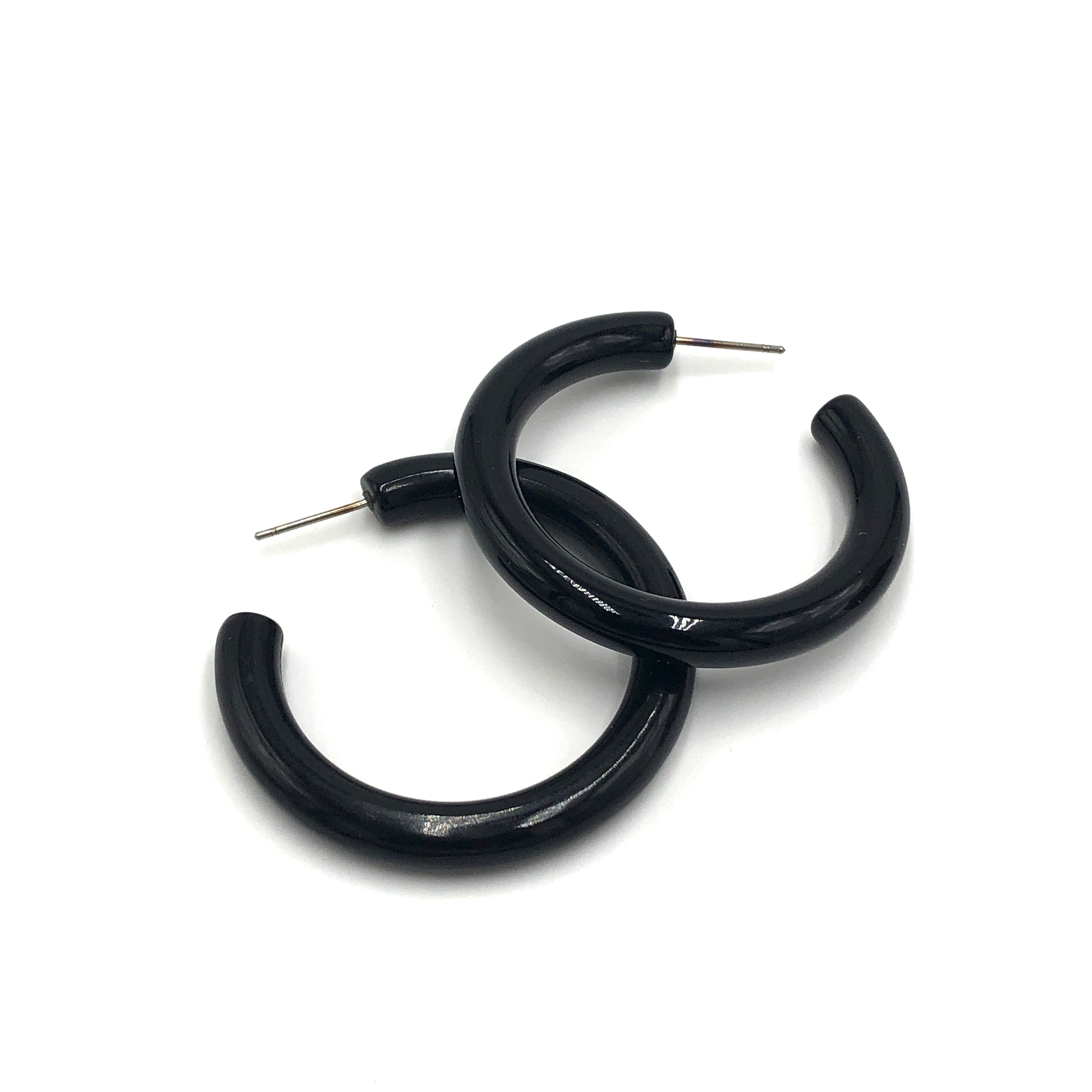 Black Lucite Large Tube Hoop Earrings