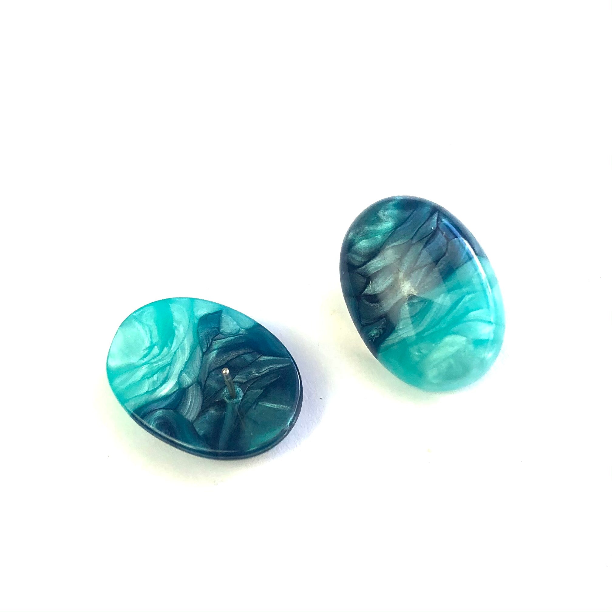 Teal &amp; Peacock Aura Enamel Oval Button Stud Earrings