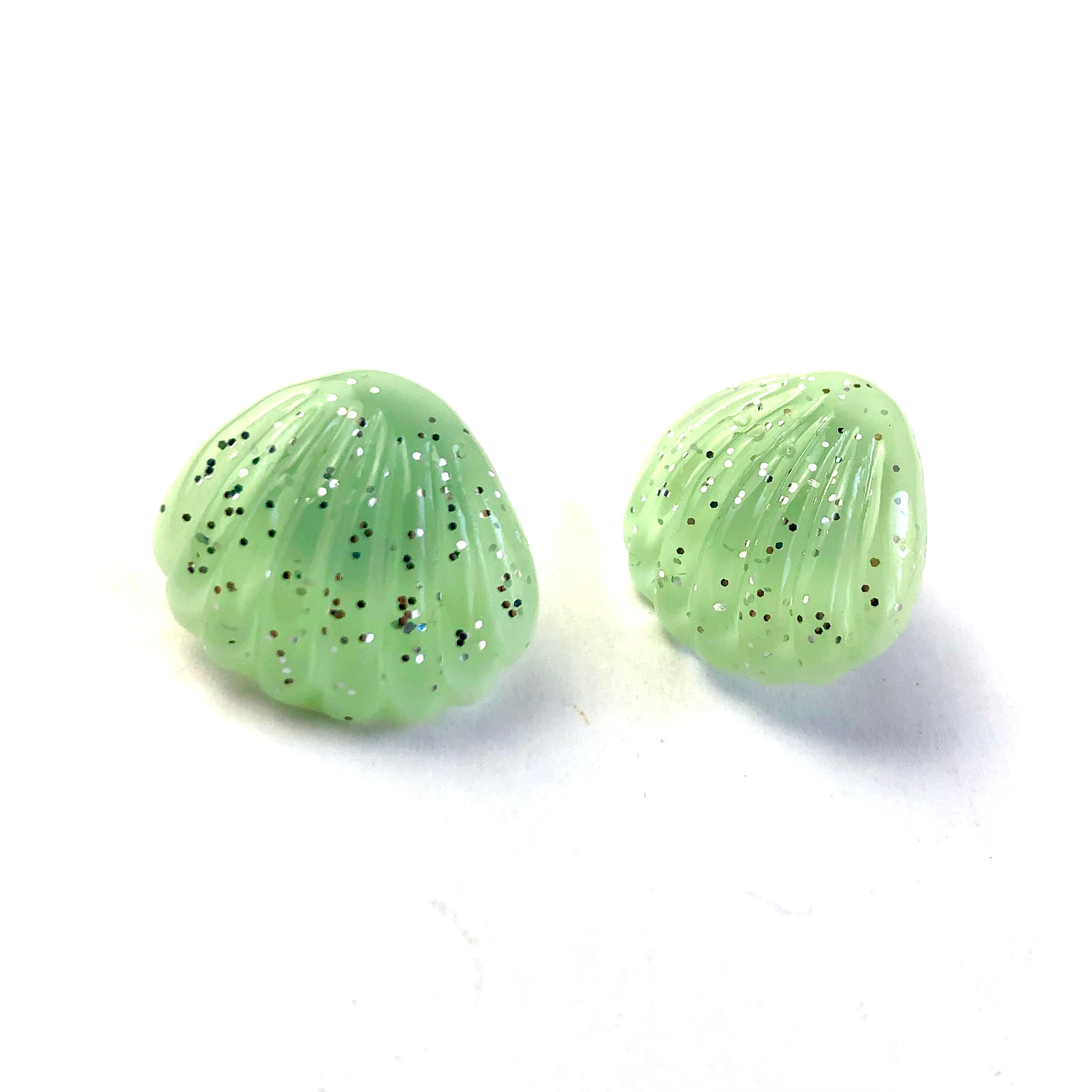Mint Green Oyster Shell Glitter Stud Earrings