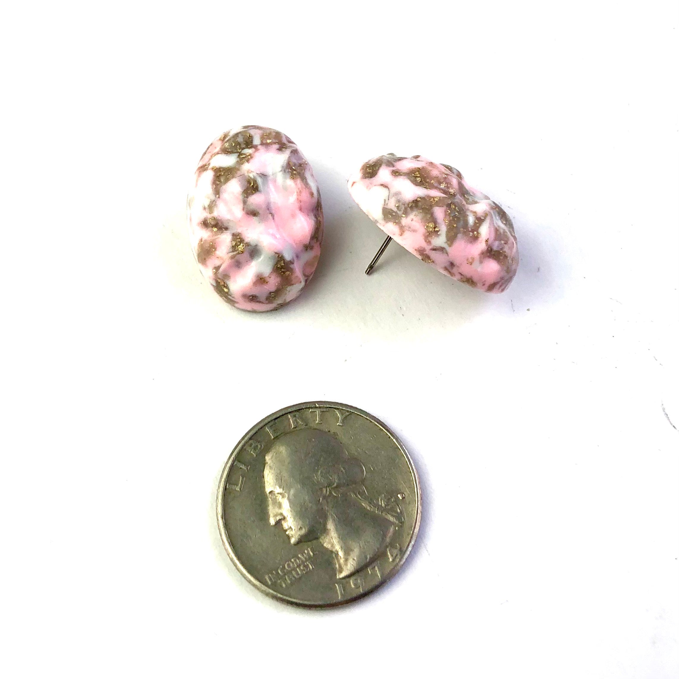 Pink Metallic Glitter Nugget Oval Button Studs