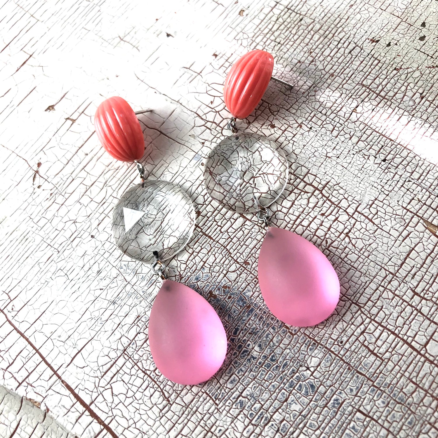 Coral Carved &amp; Crystal Glitz Retro Statement Earrings