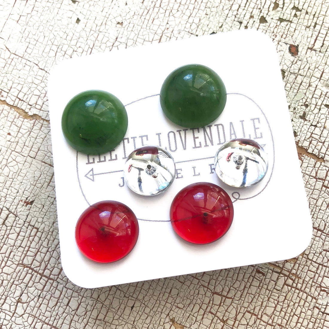 green red silver stud earrings