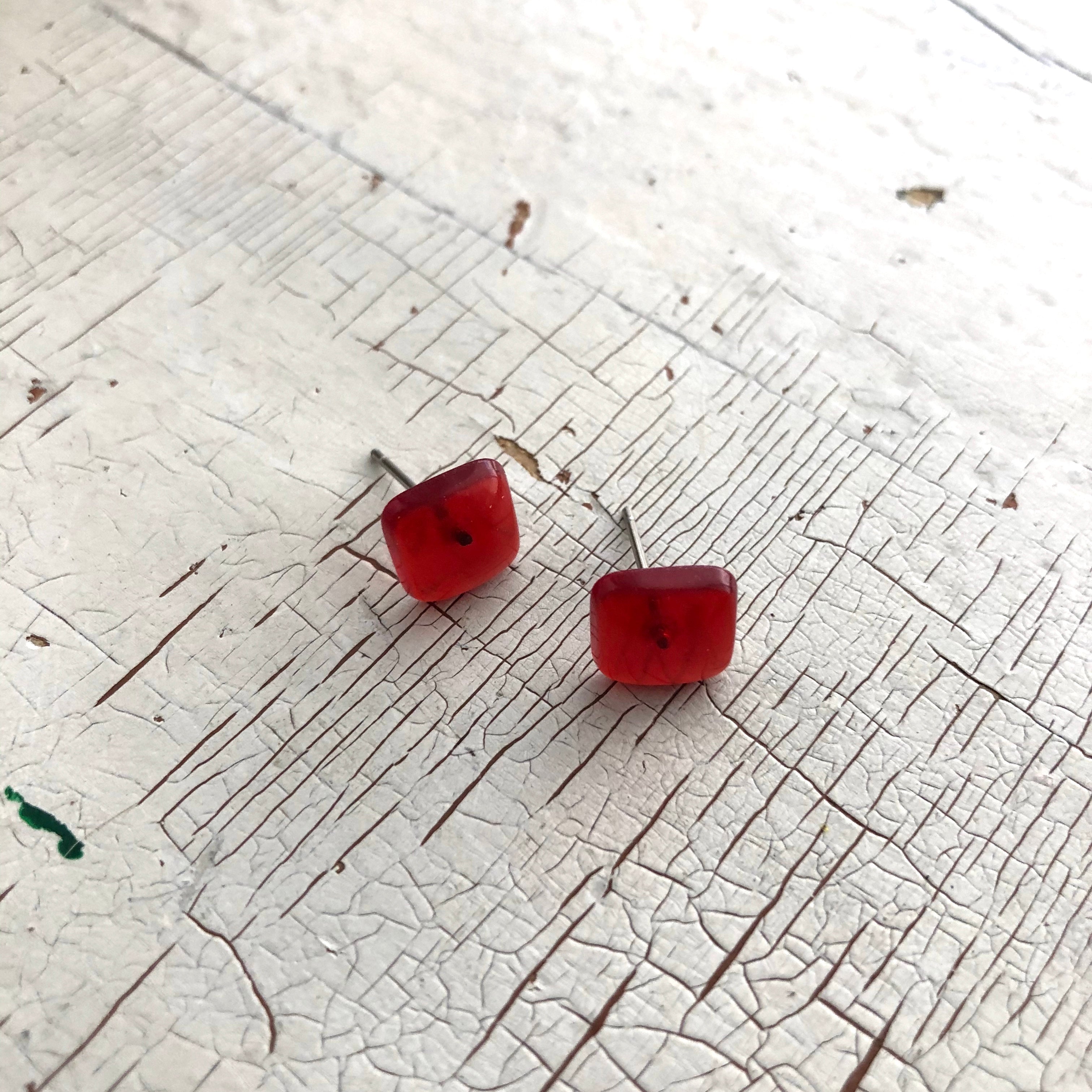 Ruby Red Transparent Flat Square Stud Earrings