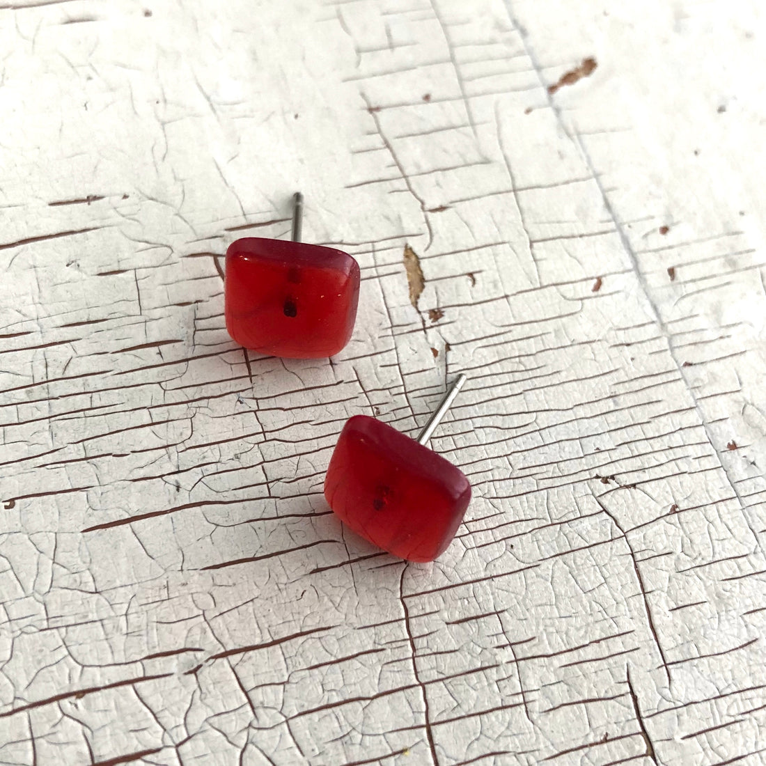 Ruby Red Transparent Flat Square Stud Earrings