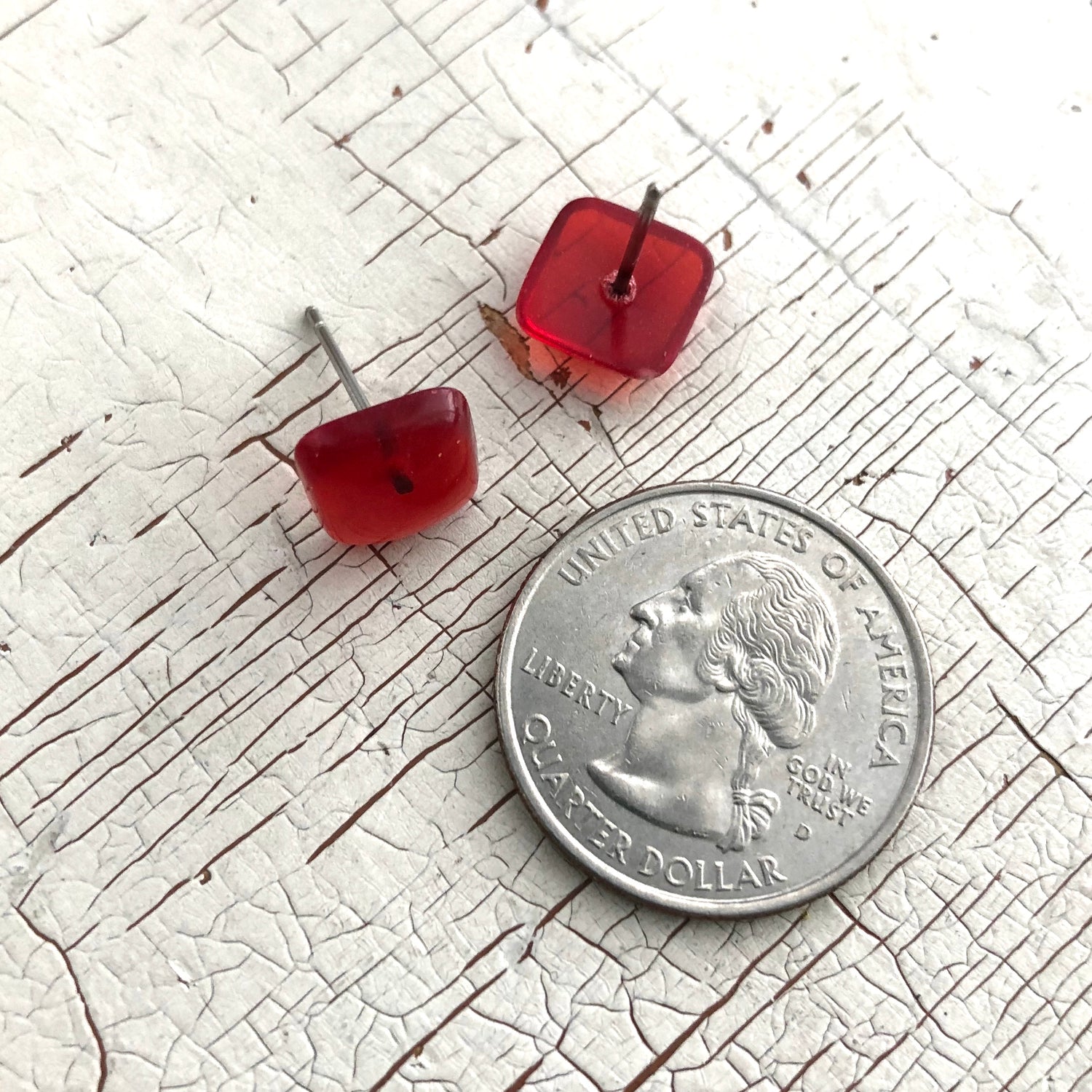 Ruby Red Transparent Flat Square Stud Earrings