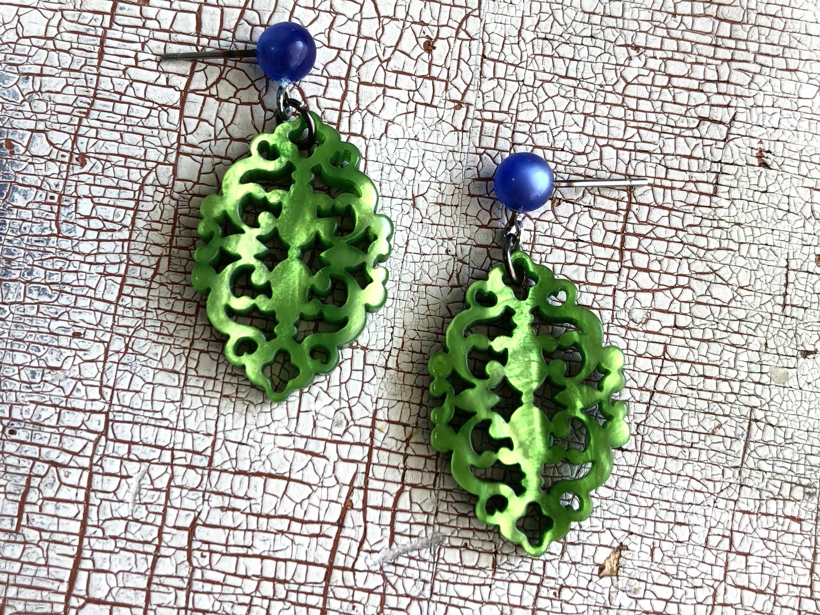 green laser cut earrings